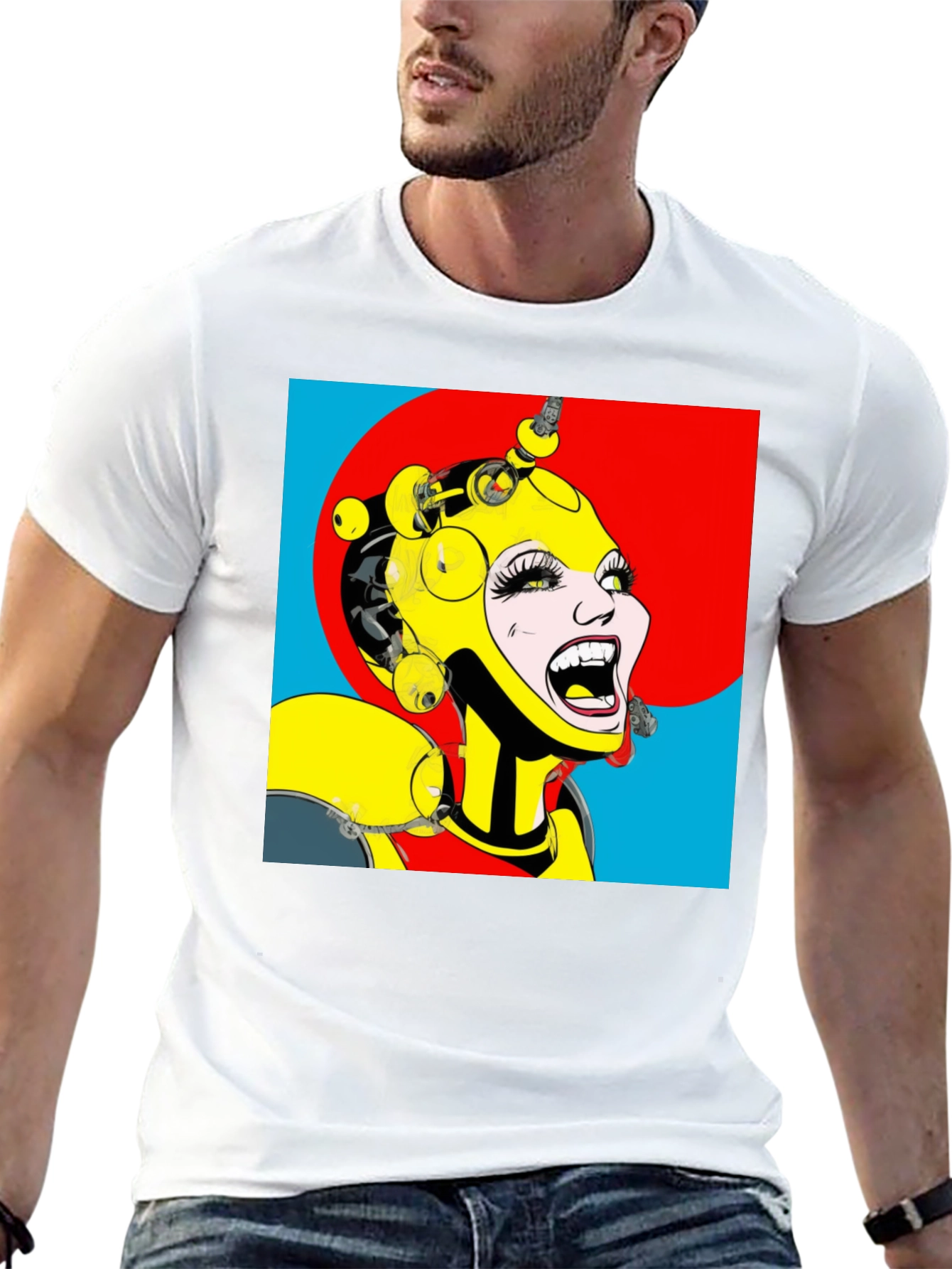 Black Pop Art Robot Woman Graphic T-Shirt view 13