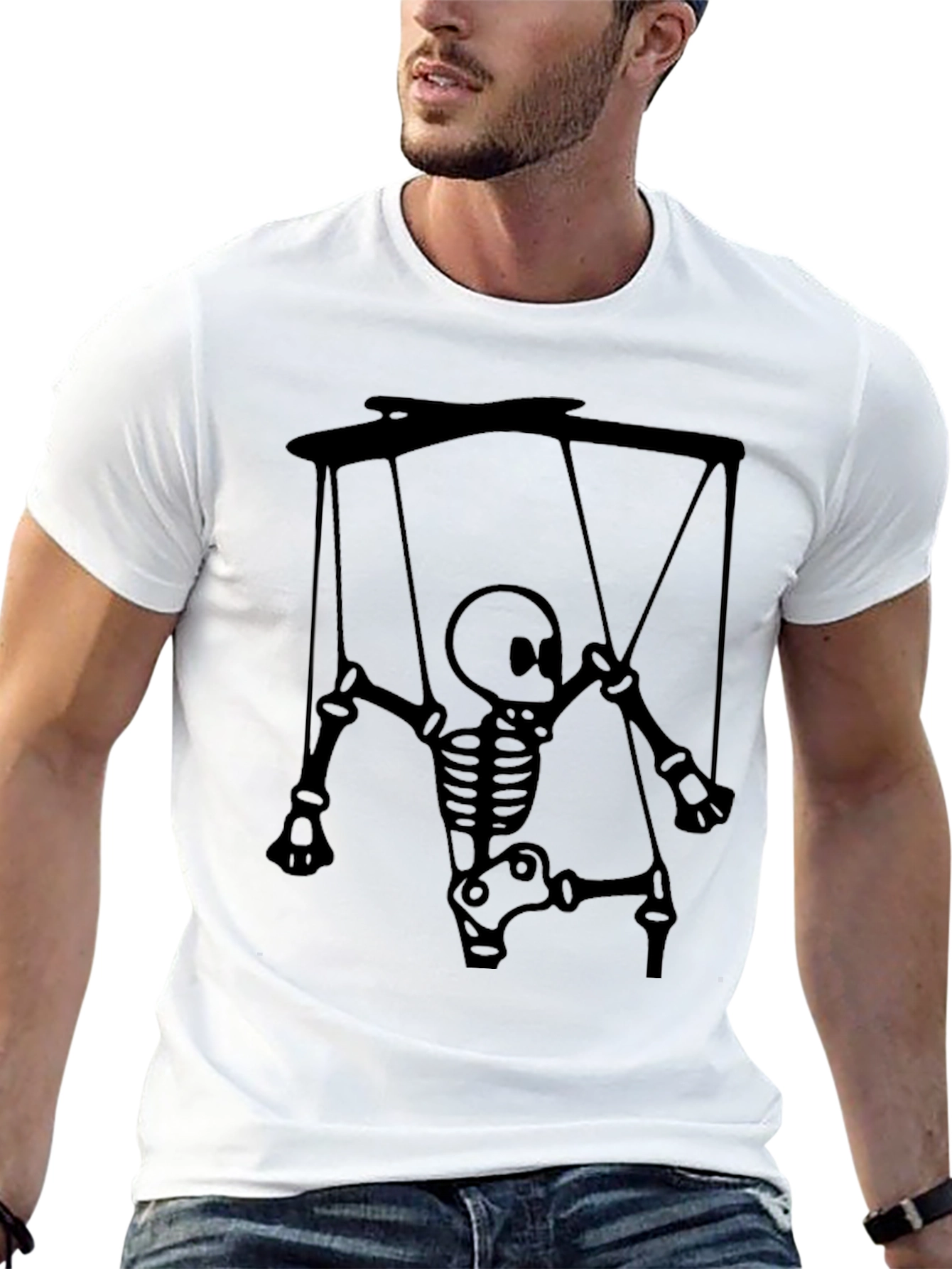 Black Skeleton Puppet Graphic Tee - Unique Halloween Shirt view 13