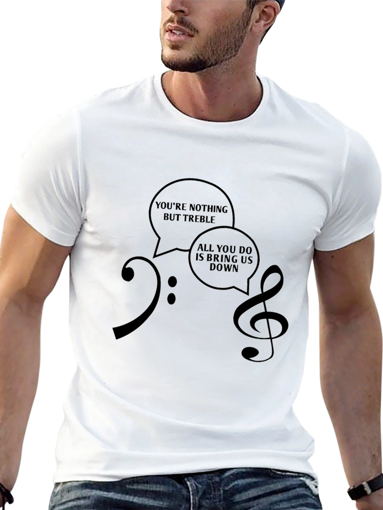Black Musical Humor T-Shirt: Treble & Bass Clef Design view 13