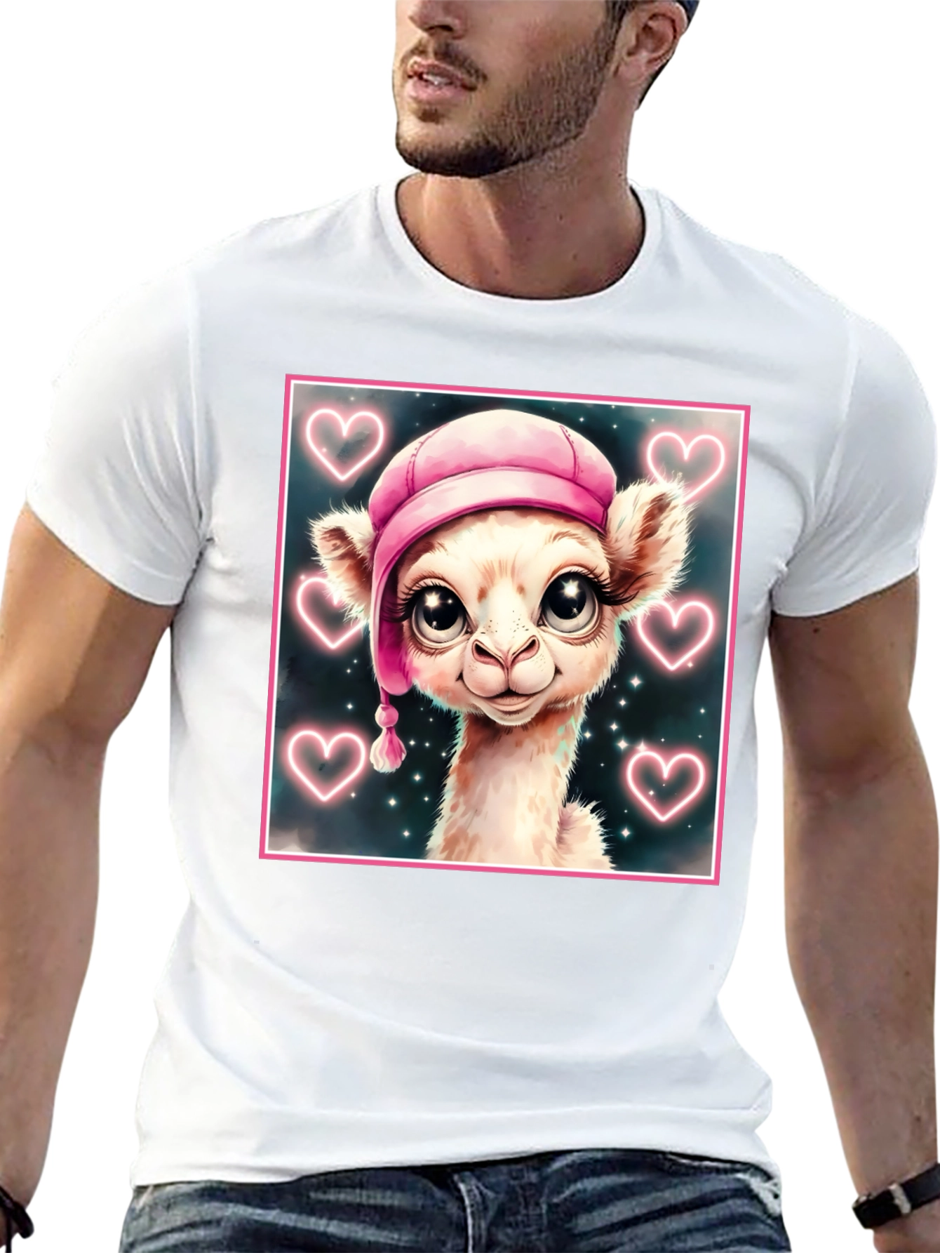 Black Cute Llama in Pink Hat - Graphic Tee view 13