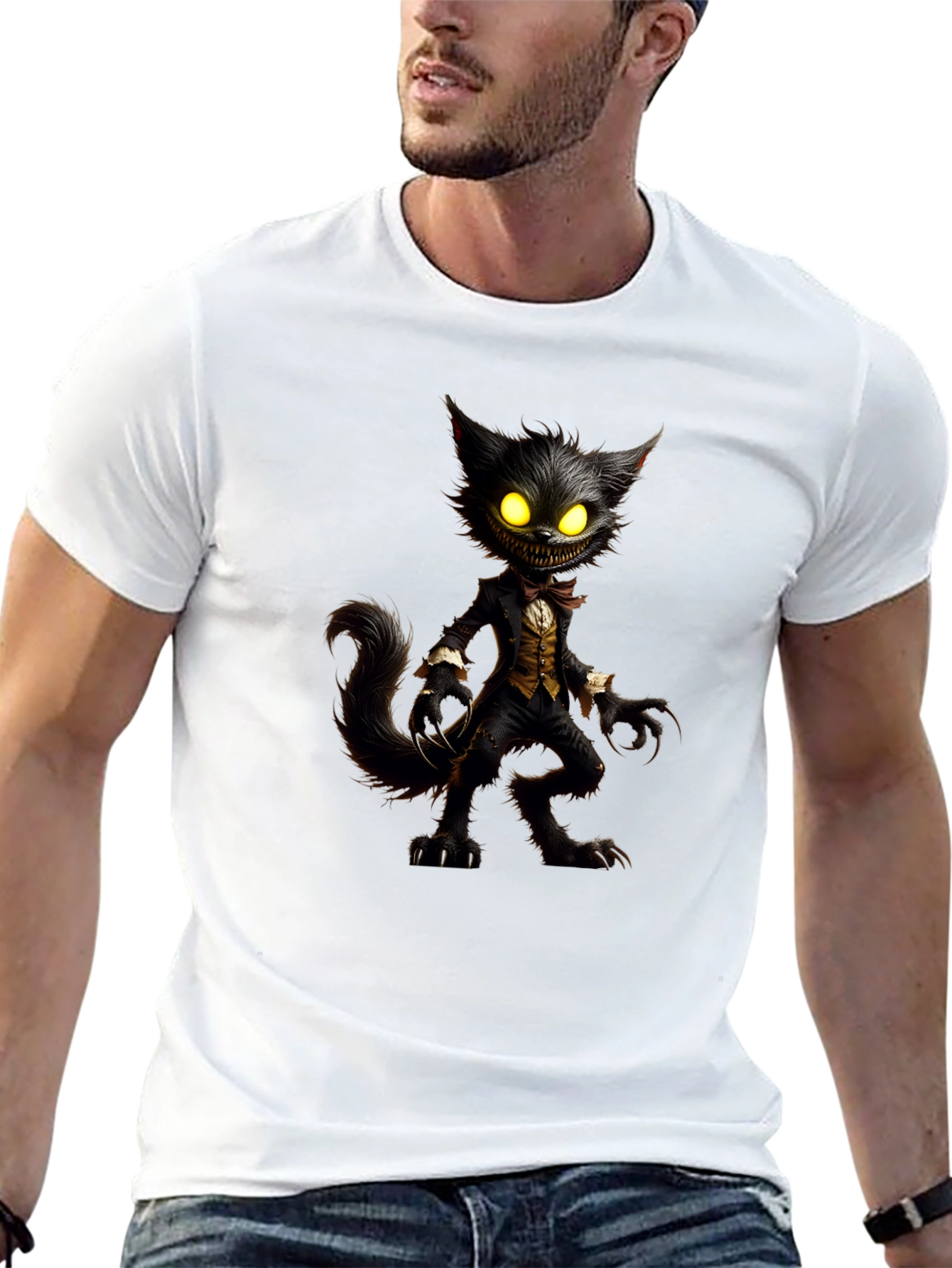 Black Creepy Cat T-Shirt - Unique Graphic Tee view 13