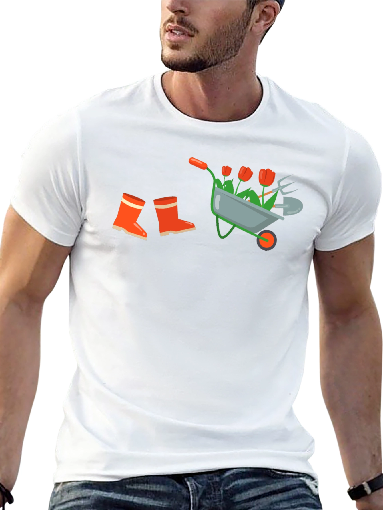 Black Gardening T-Shirt: Wheelbarrow, Boots & Tools Design view 13