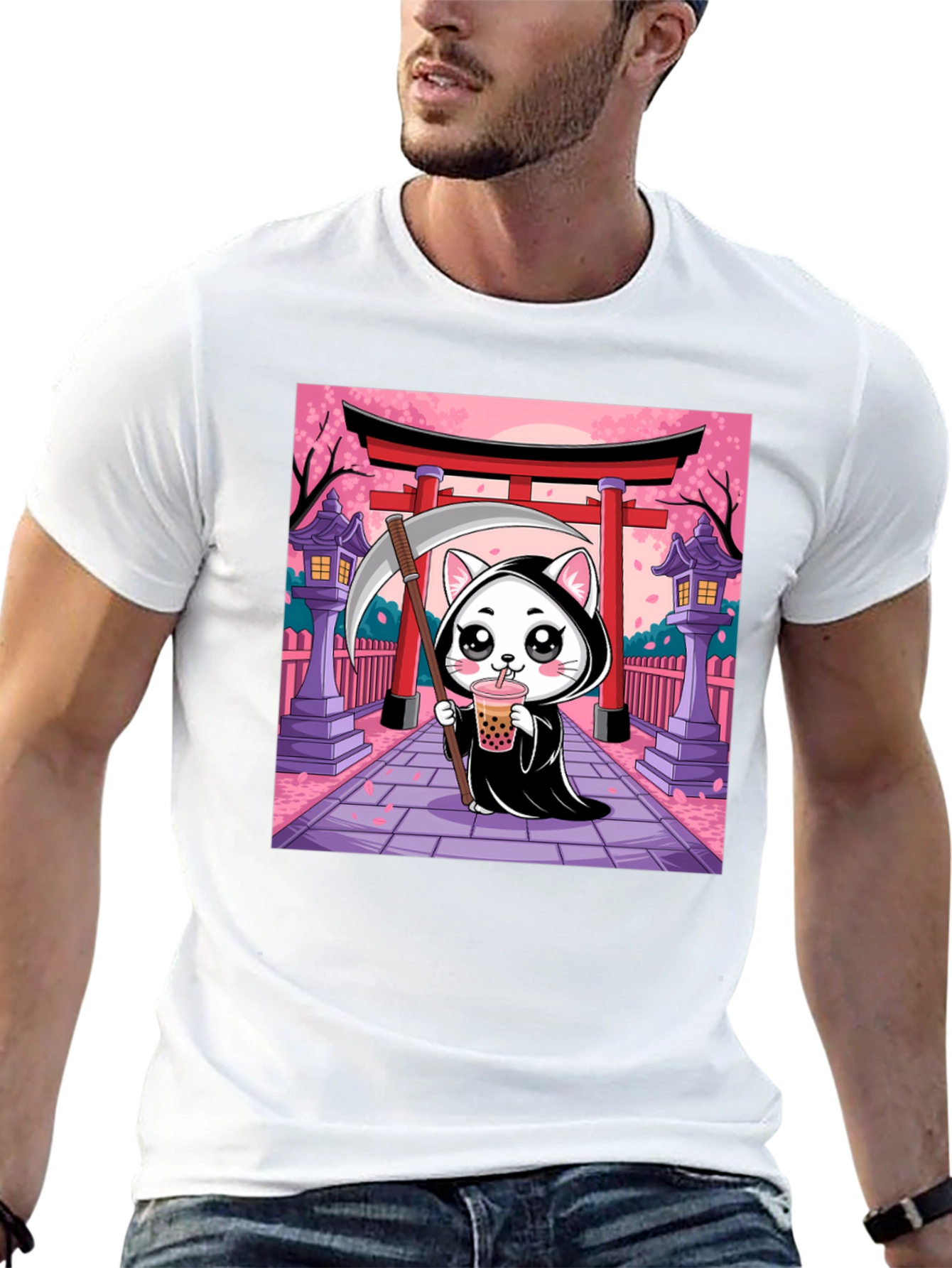 Black Kawaii Grim Reaper Cat T-Shirt view 13