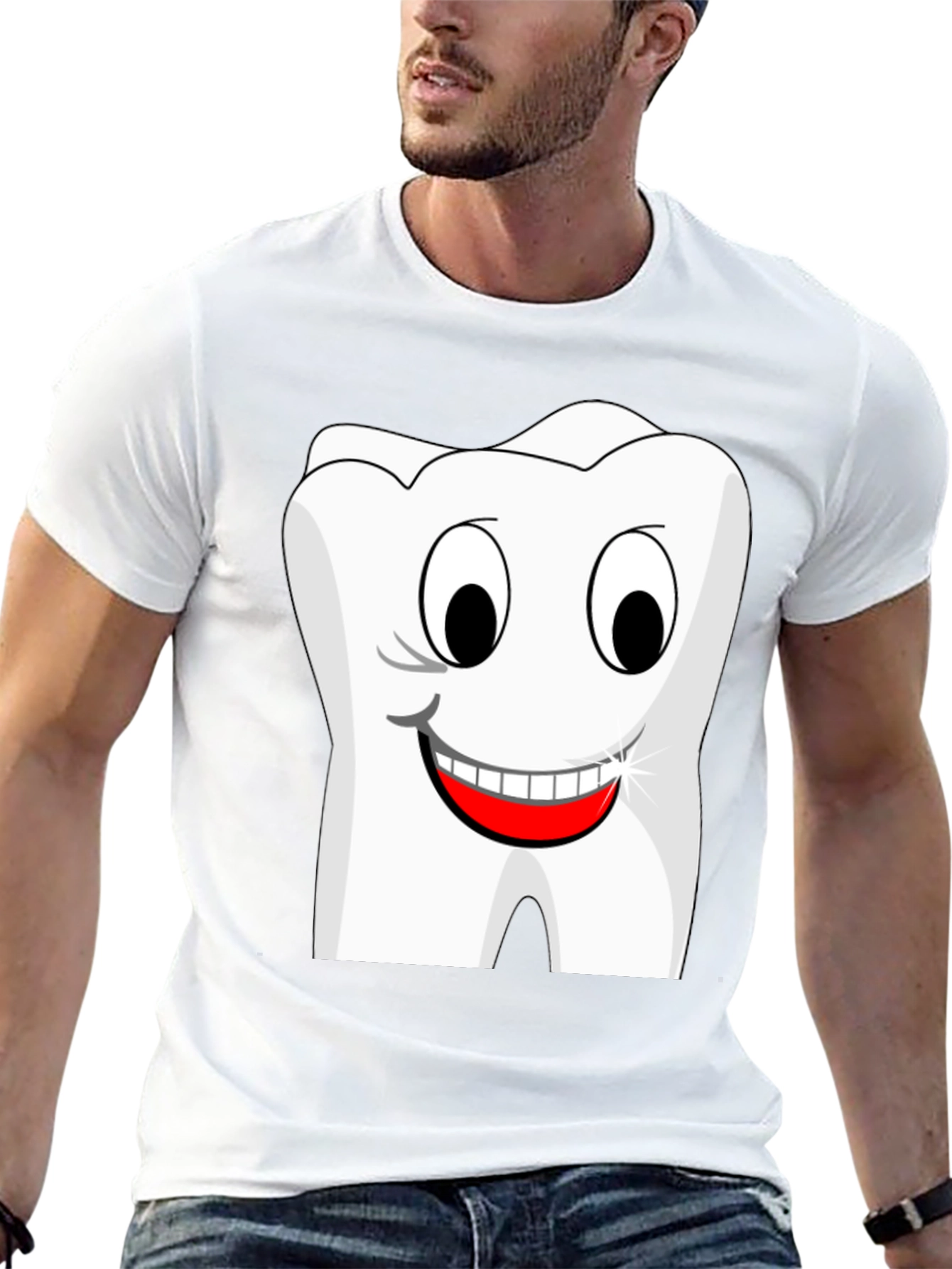 Black Funny Cartoon Tooth Graphic T-Shirt - Black Cotton Tee view 13