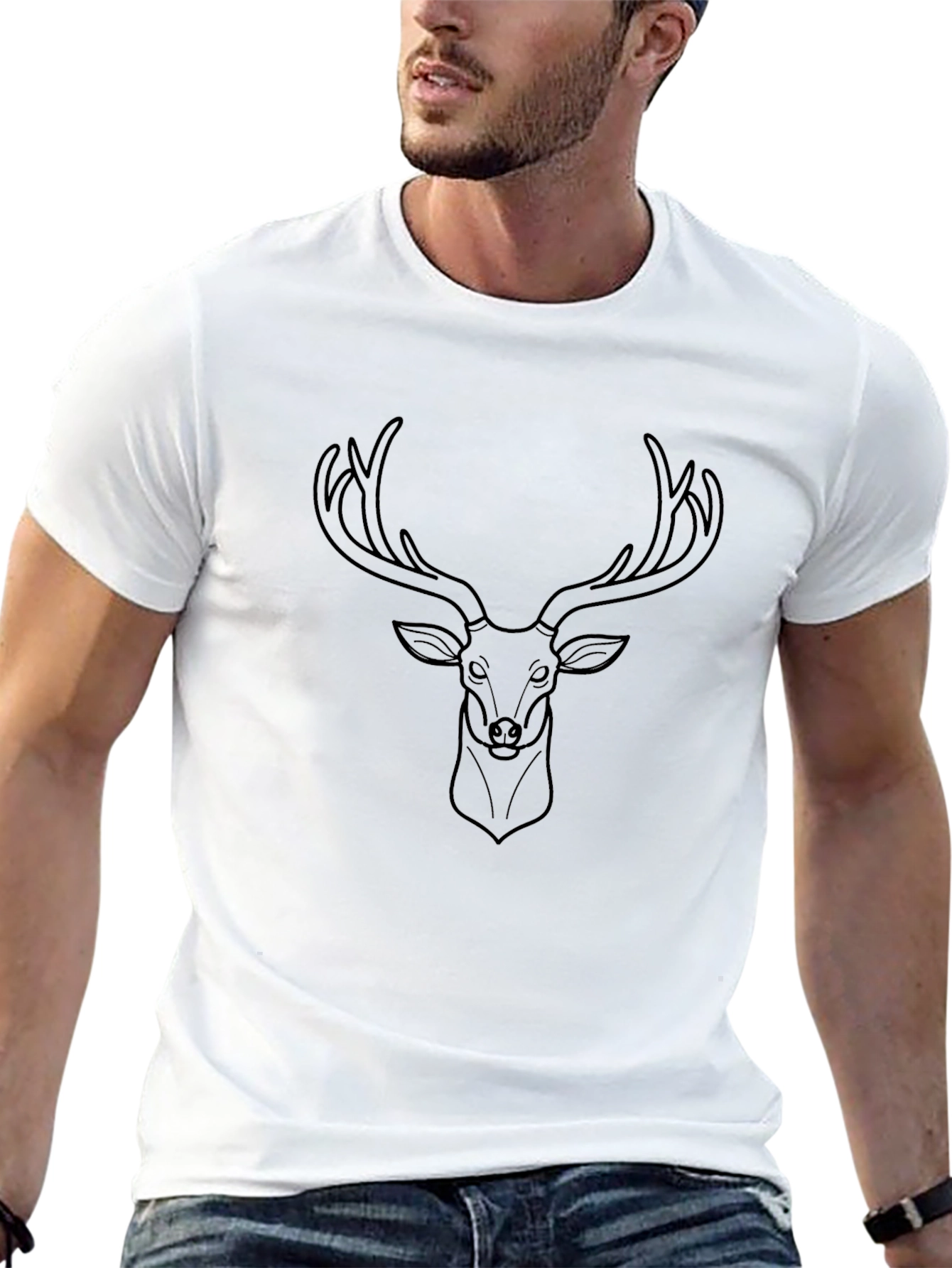 Black Men's Black T-Shirt with Deer Graphic view 13