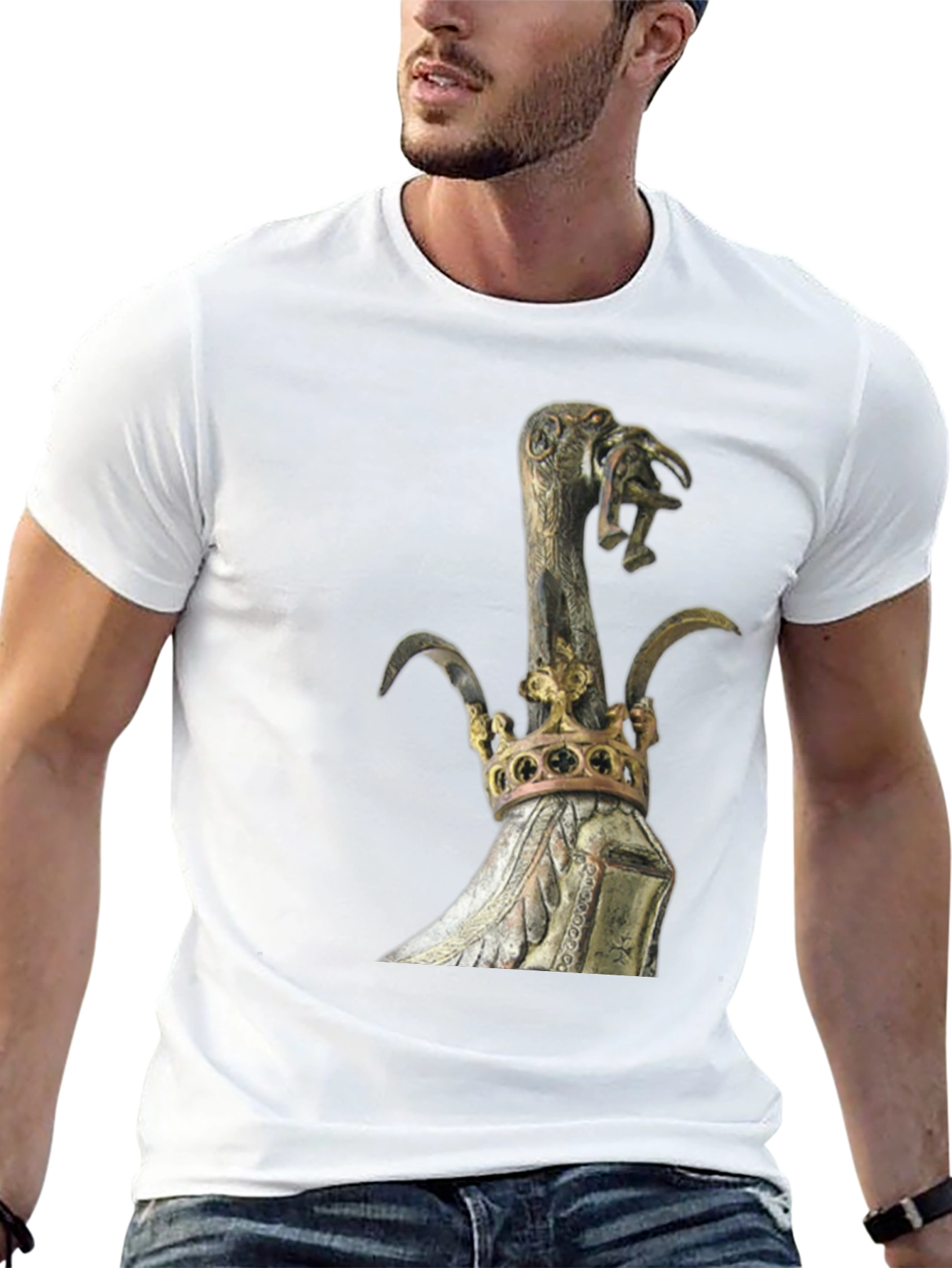 Black Black T-Shirt with Ornate Crown and Bird Scepter Design view 13