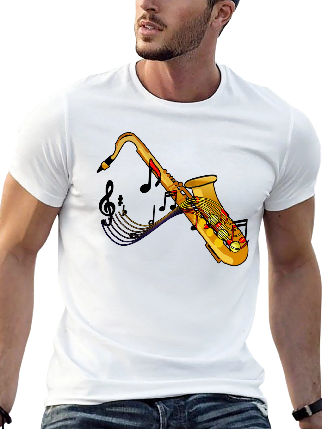 Black Saxophone Music Notes Graphic Black Tee Shirt view 13