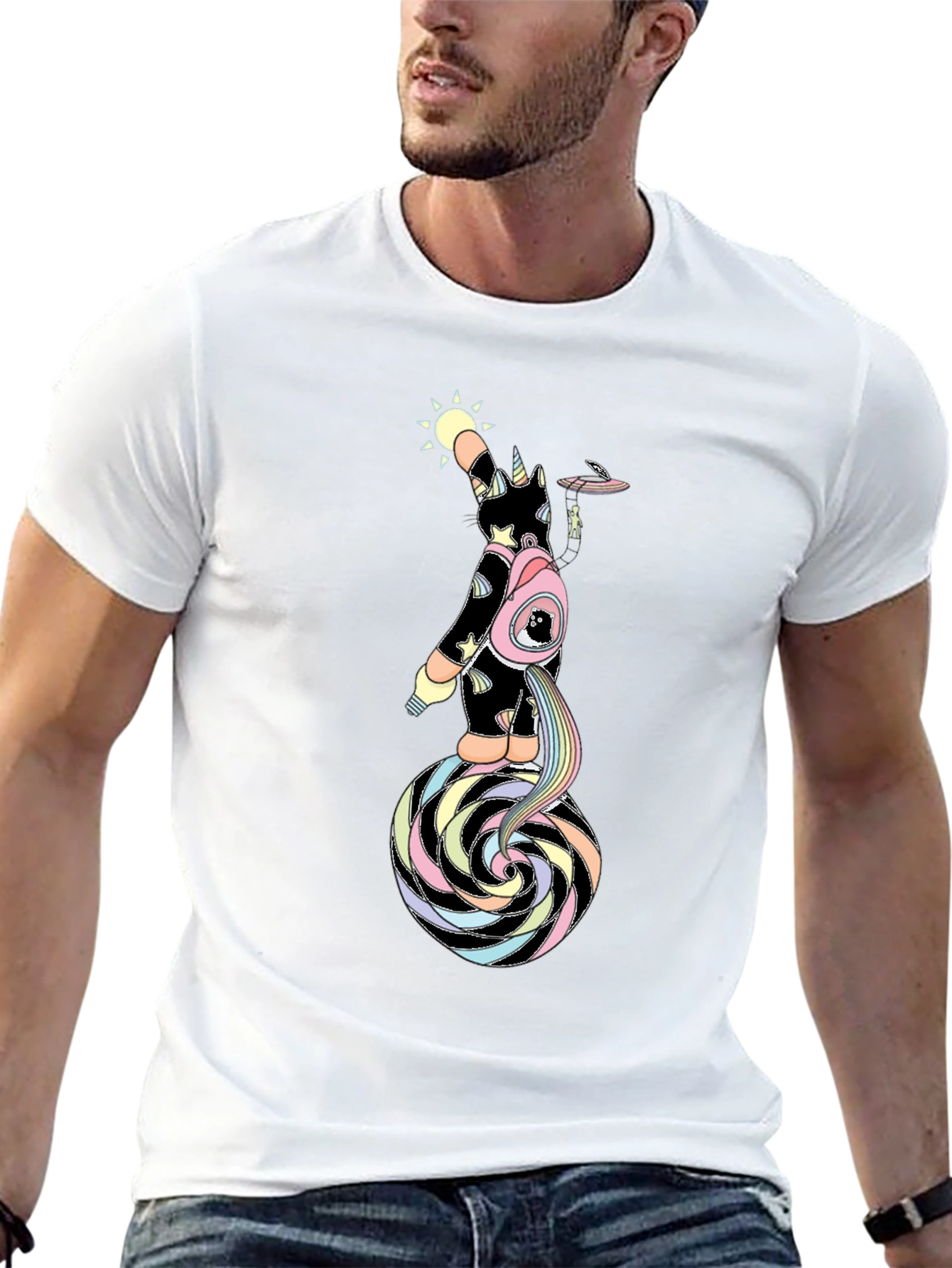 Black Unicorn UFO Rainbow Swirl Graphic Tee - Men's Black T-Shirt view 13