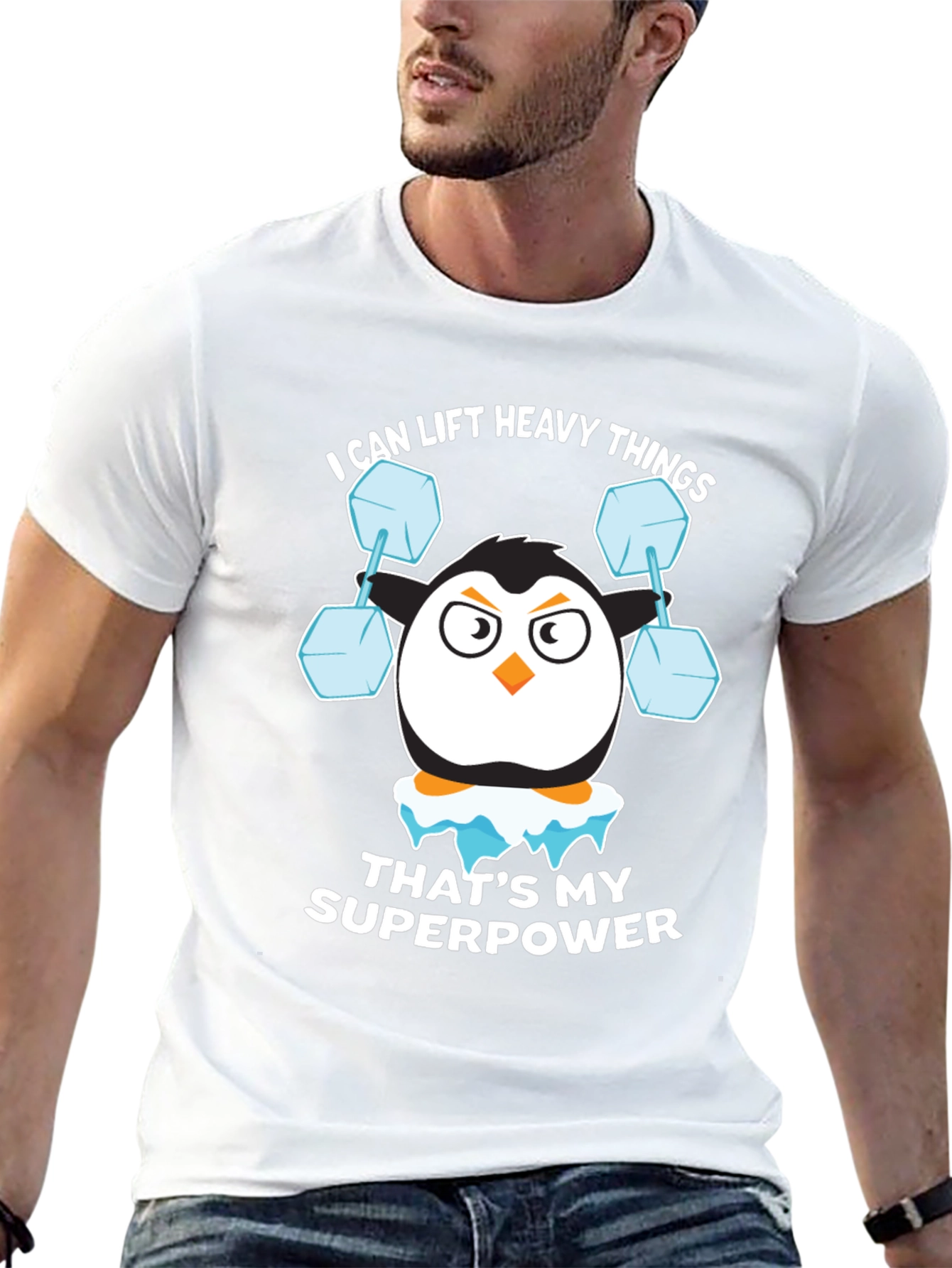 Black Penguin Lifting Weights Funny T-Shirt view 13