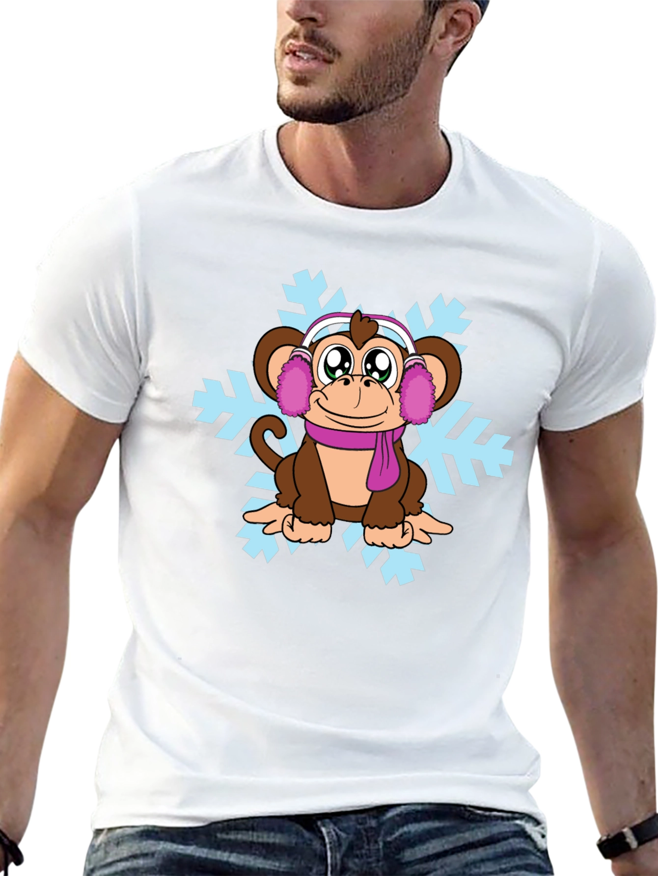 Black Winter Monkey T-Shirt - Cute Cartoon Design view 13