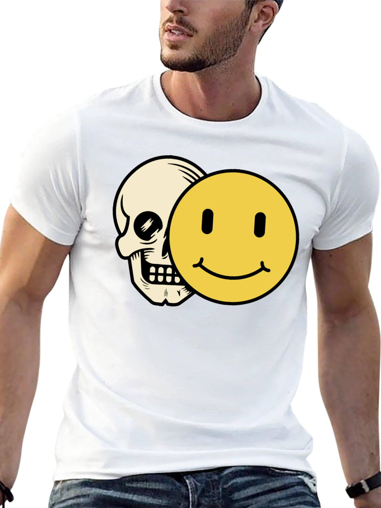 Black Skull Smiley Face Graphic Tee - Black Cotton T-Shirt view 13