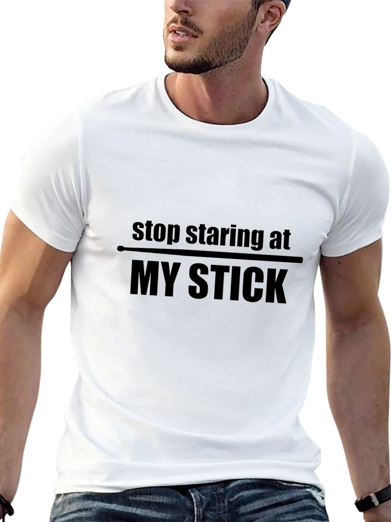Black Funny "Stop Staring at My Stick" Black T-Shirt view 13