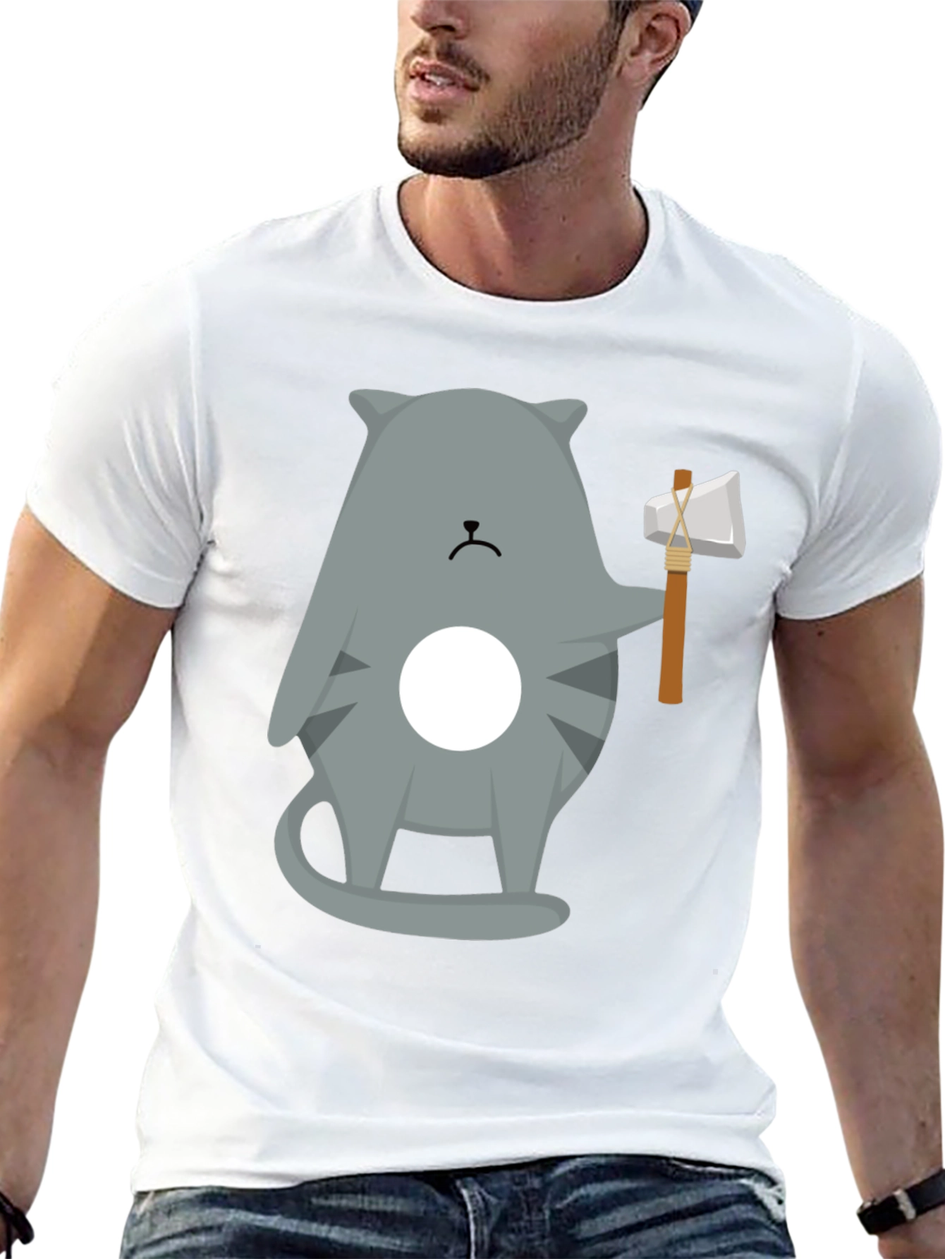 Black Cool Cat Axe T-Shirt - Funny Graphic Tee view 13