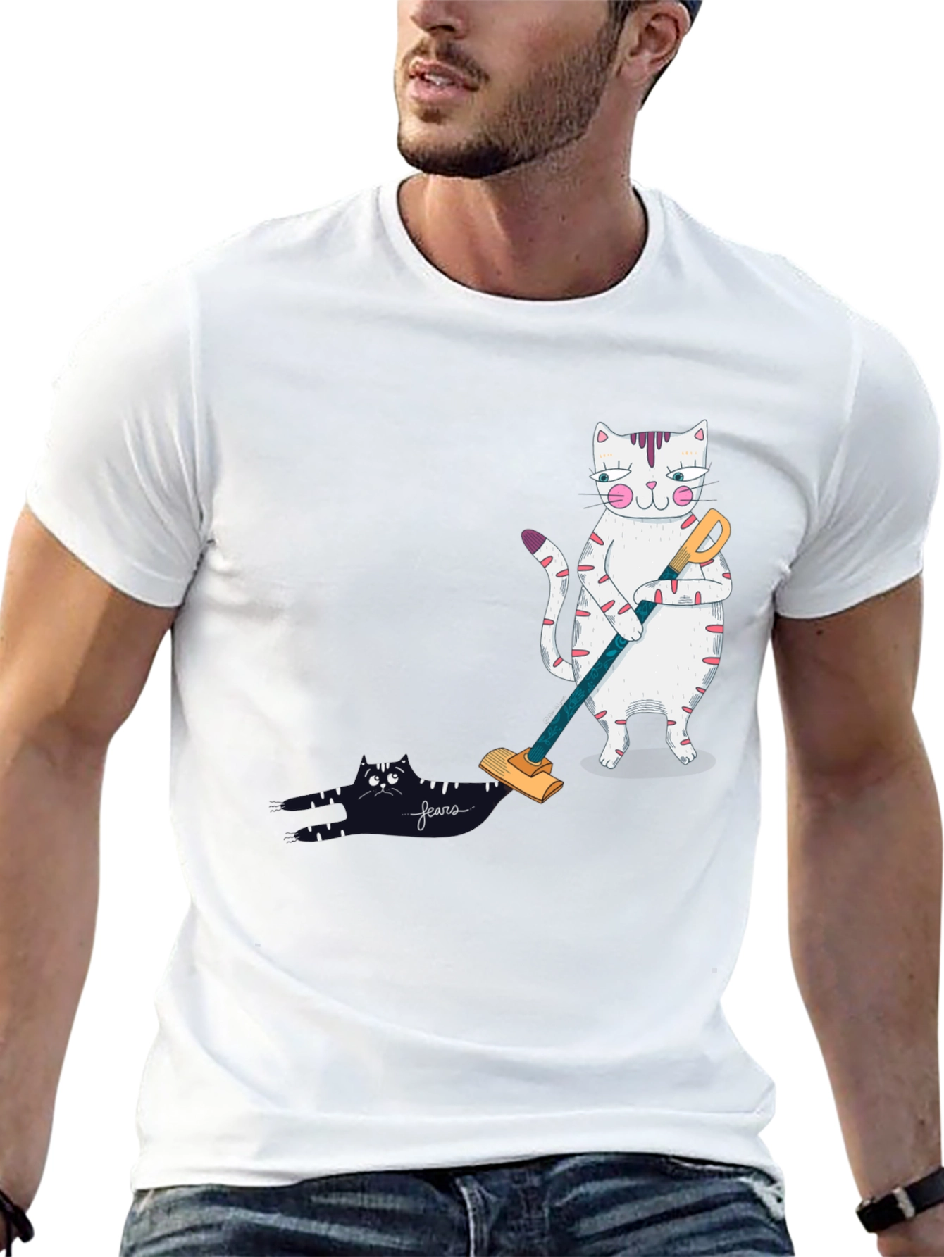 Black Funny Cat Vacuuming T-Shirt view 13