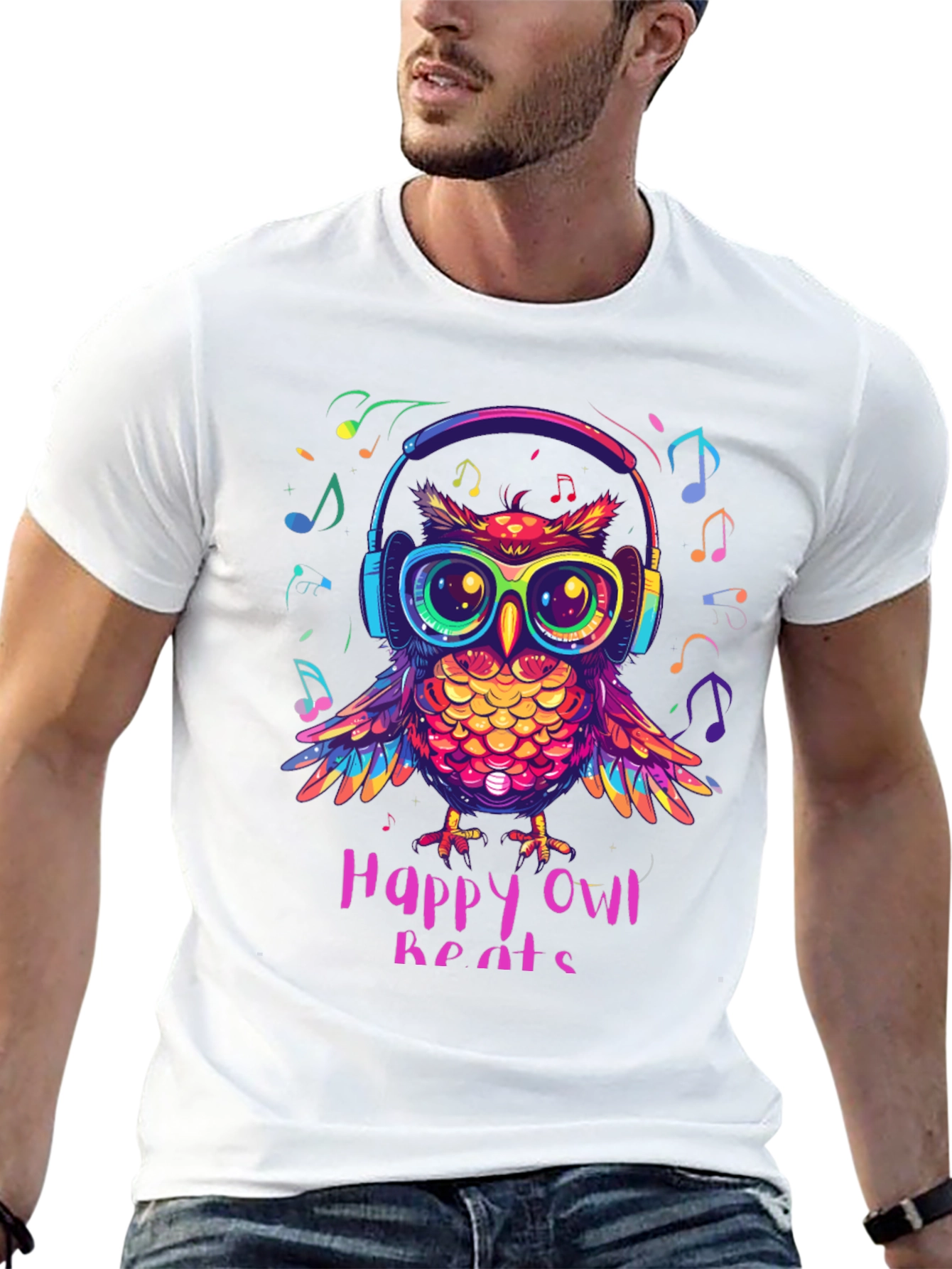 Black Happy Owl Beats T-Shirt - Colorful Music Lover Tee view 13