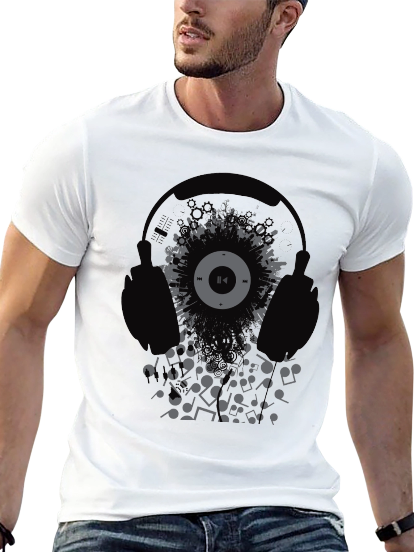 Black Headphones Music T-Shirt view 13