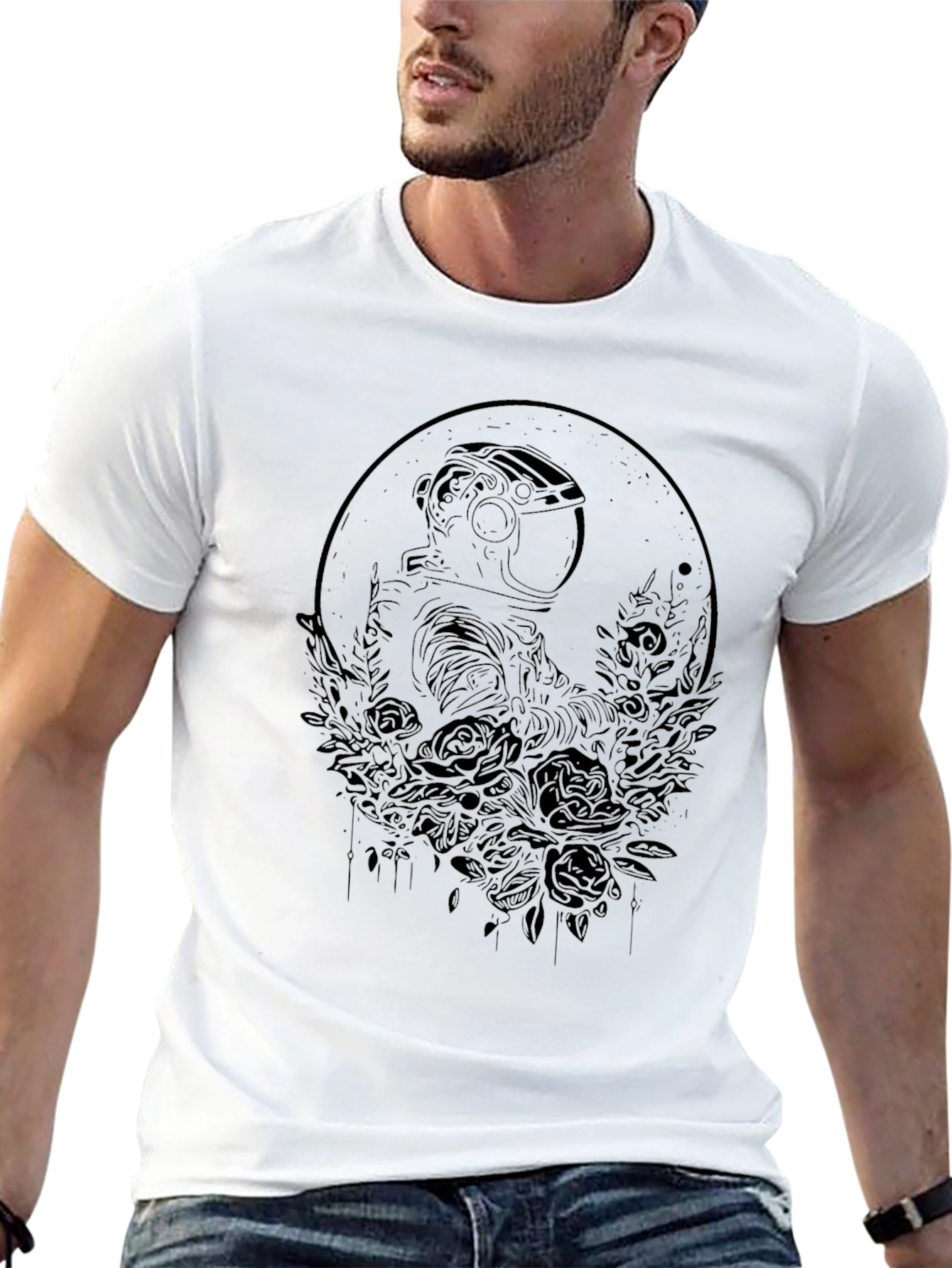 Black Astronaut & Roses Black Graphic Tee - Unisex view 13