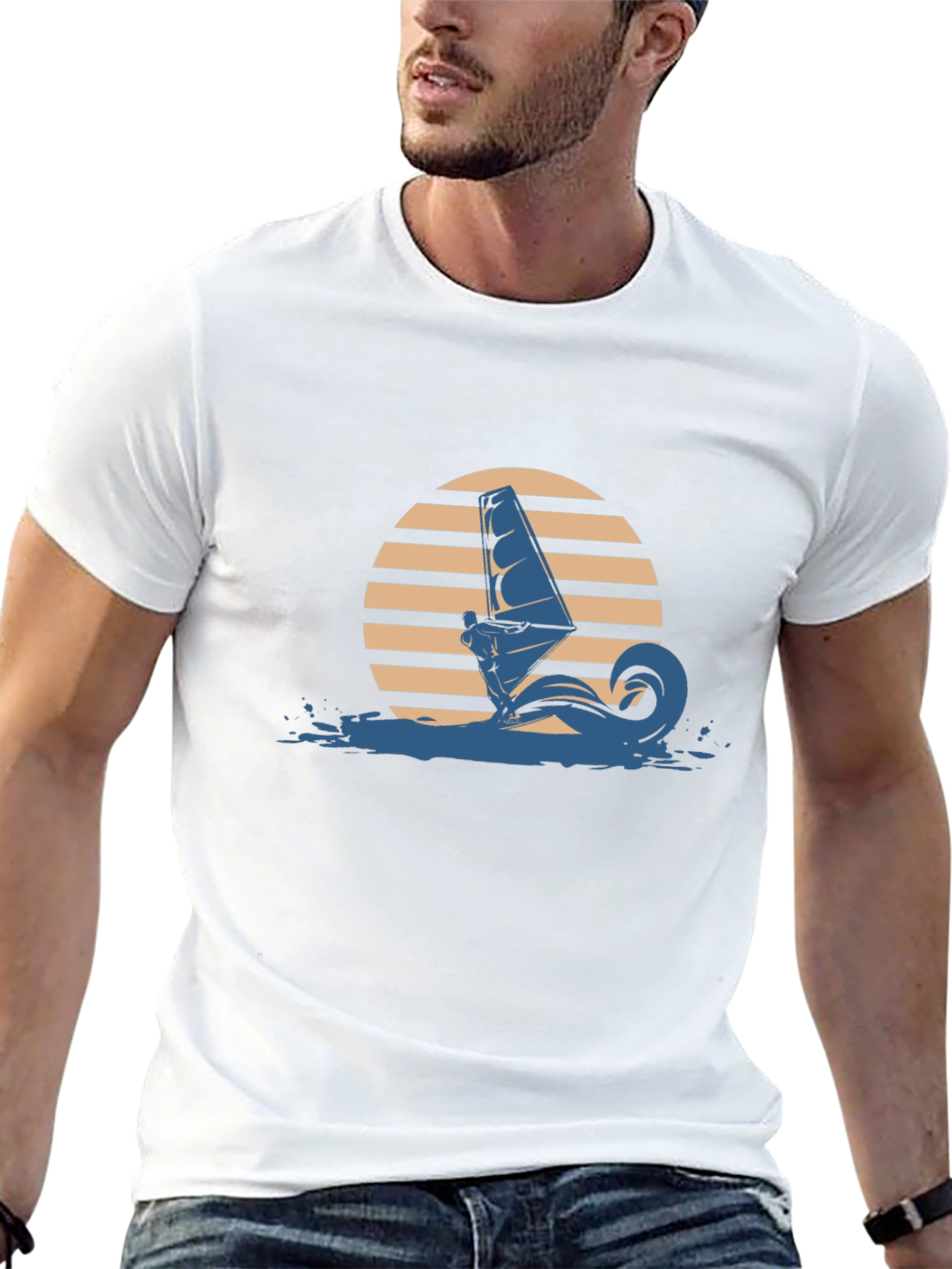 Black Retro Windsurfer Graphic Tee - Black Cotton T-Shirt view 13