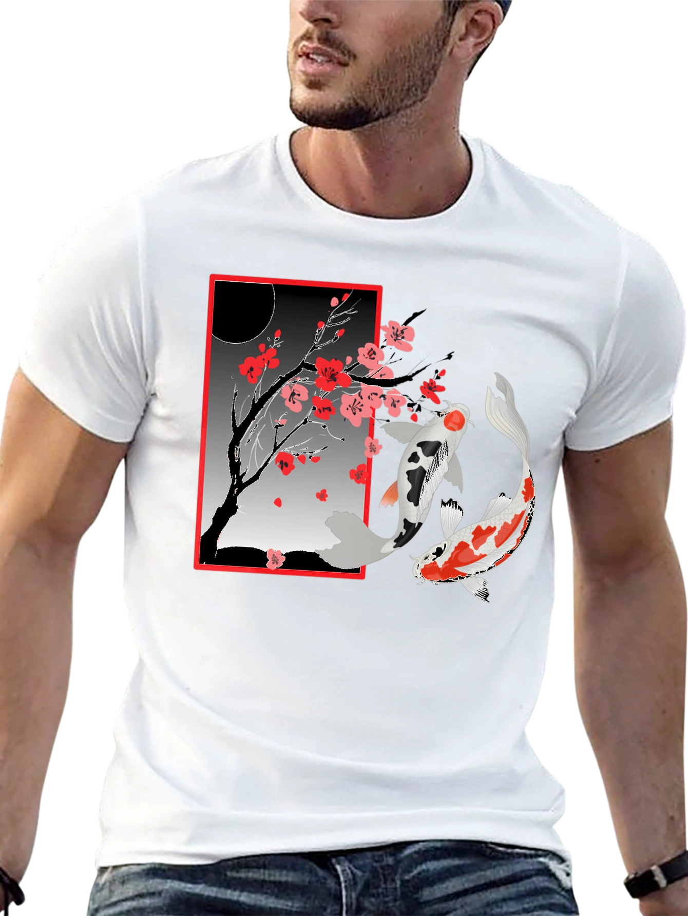 Black Koi Fish Cherry Blossom T-Shirt view 13