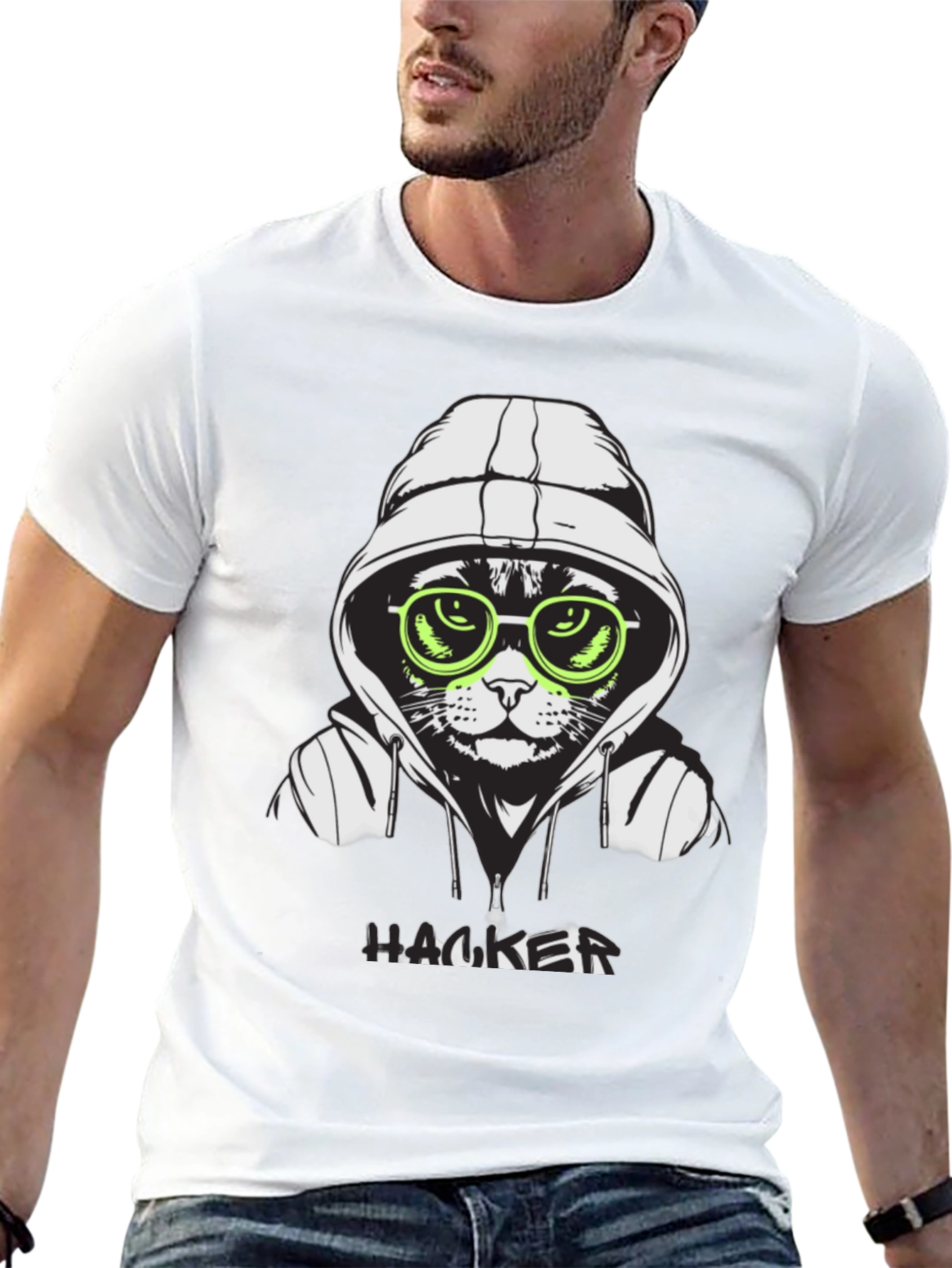 Black Hacker Cat T-Shirt - Cool Graphic Tee view 13