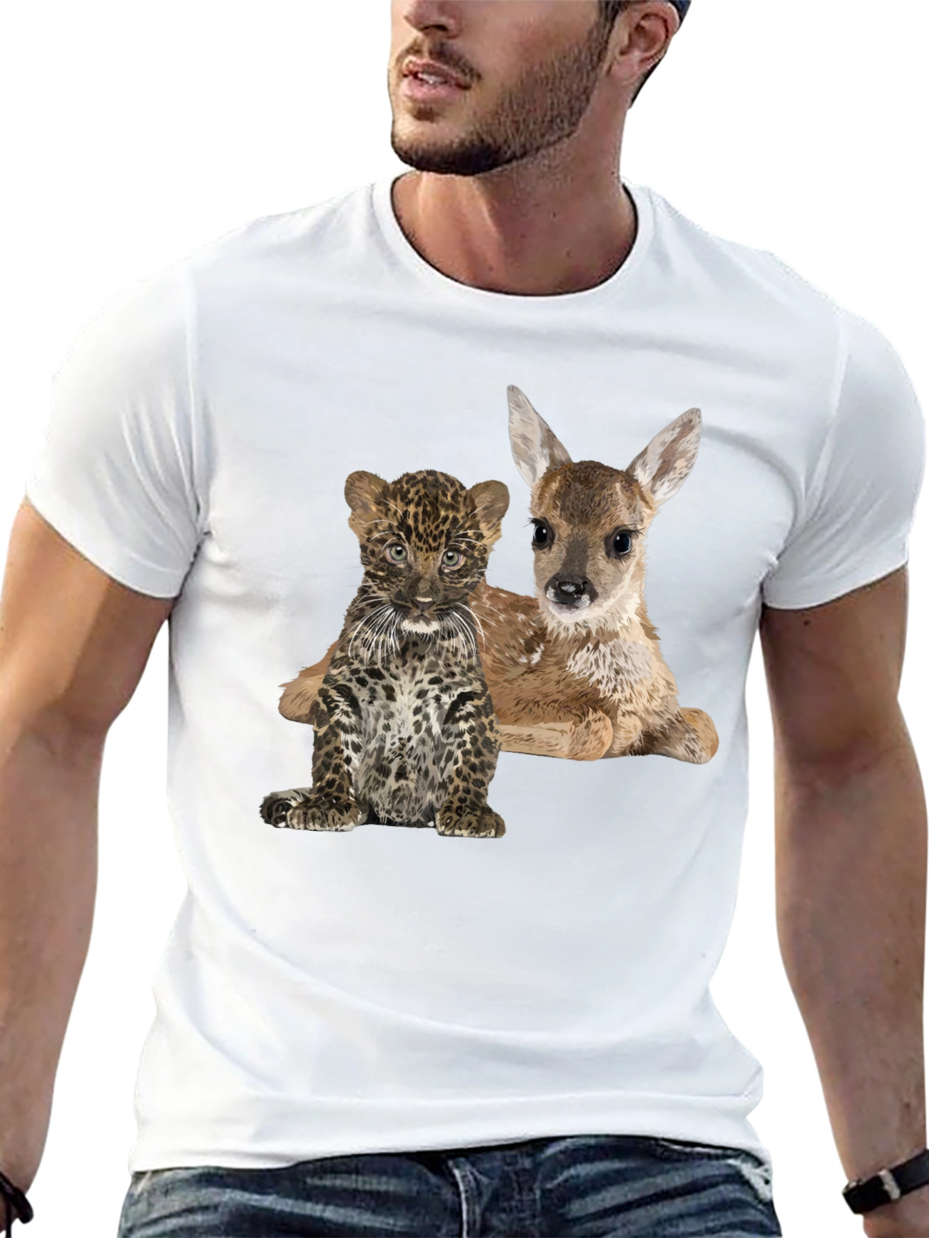 Black Cute Animal Graphic Tee - Deer and Leopard Cub view 13