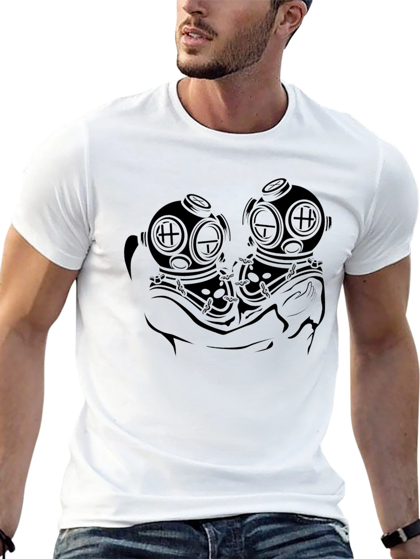 Black Deep Sea Diver Helmet Graphic Black T-Shirt view 13