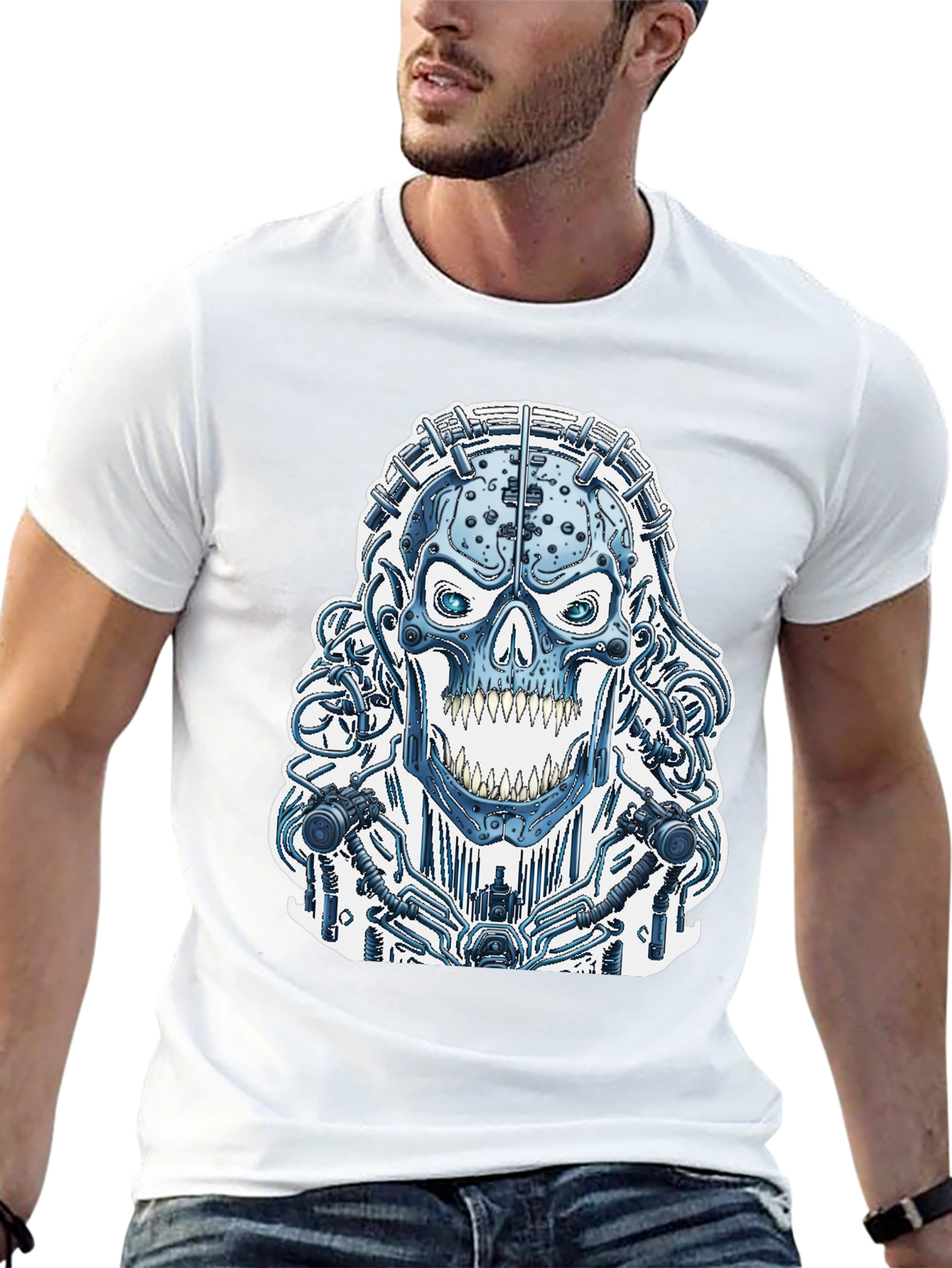Black Cyberpunk Skull Graphic Tee - Black Cotton T-Shirt view 13