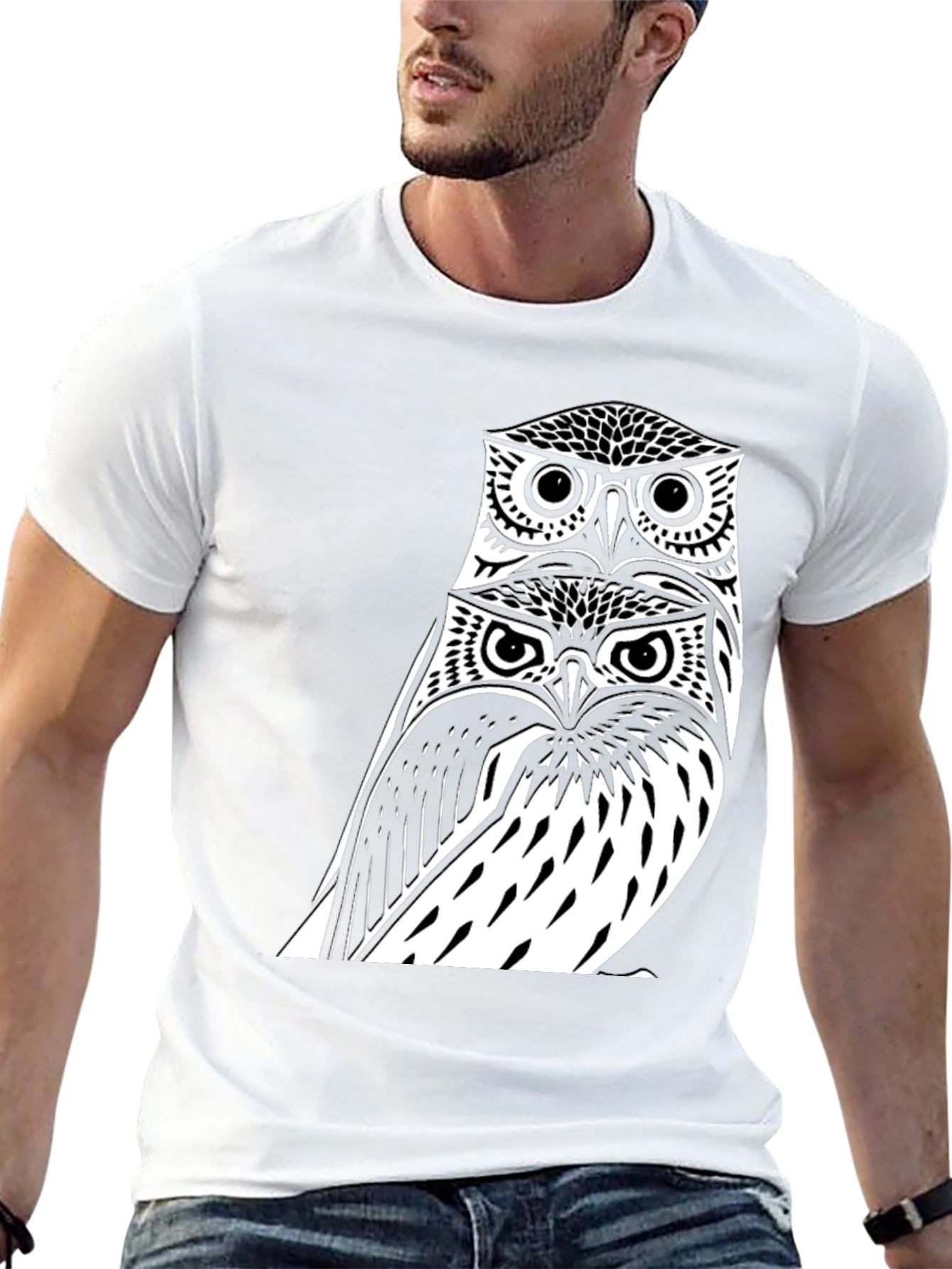 Black Stacked Owl Graphic Tee - Black Cotton Blend view 13