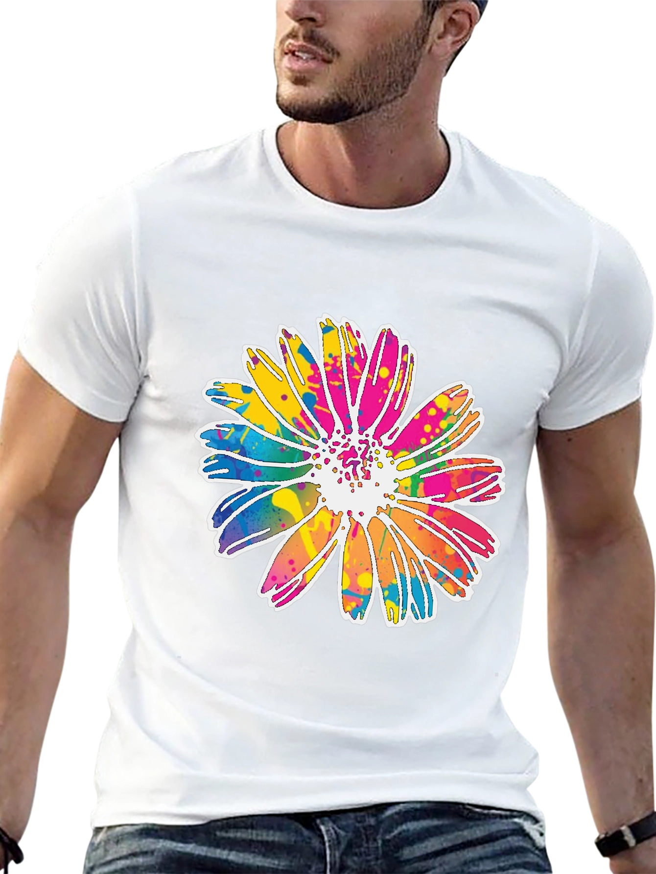 Black Colorful Daisy Graphic Tee - Soft Cotton Blend view 13