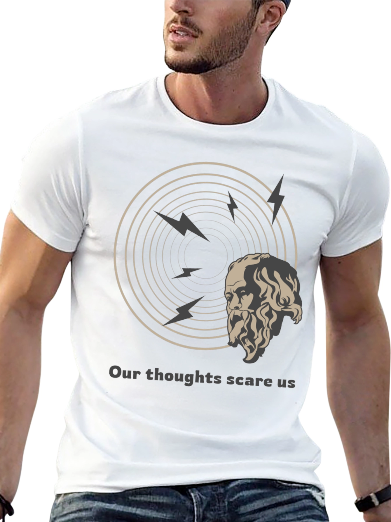 Black Philosophical T-Shirt: Our Thoughts Scare Us Tee view 13