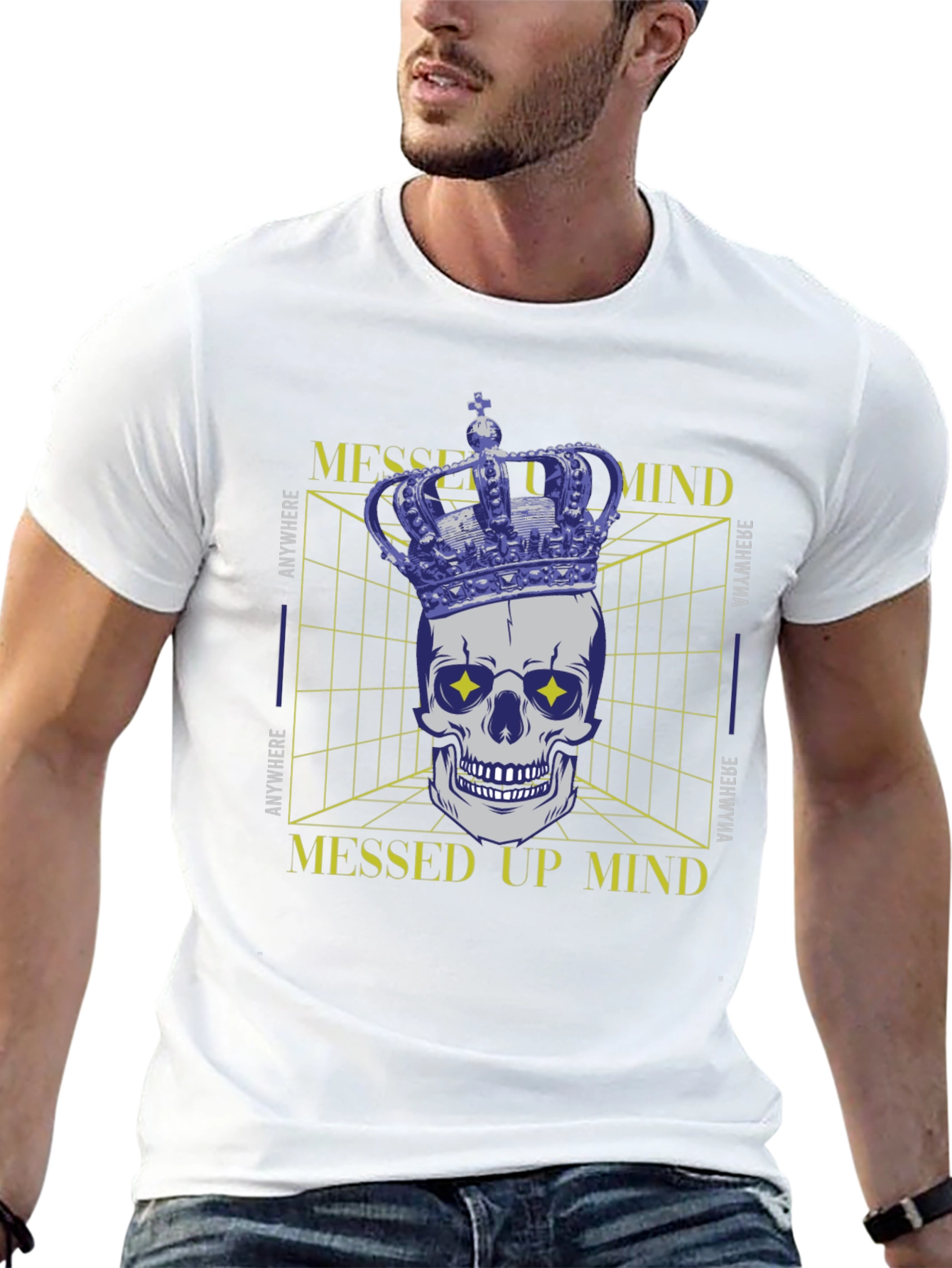 Black Messed Up Mind Graphic T-Shirt - Crown Skull Design view 13