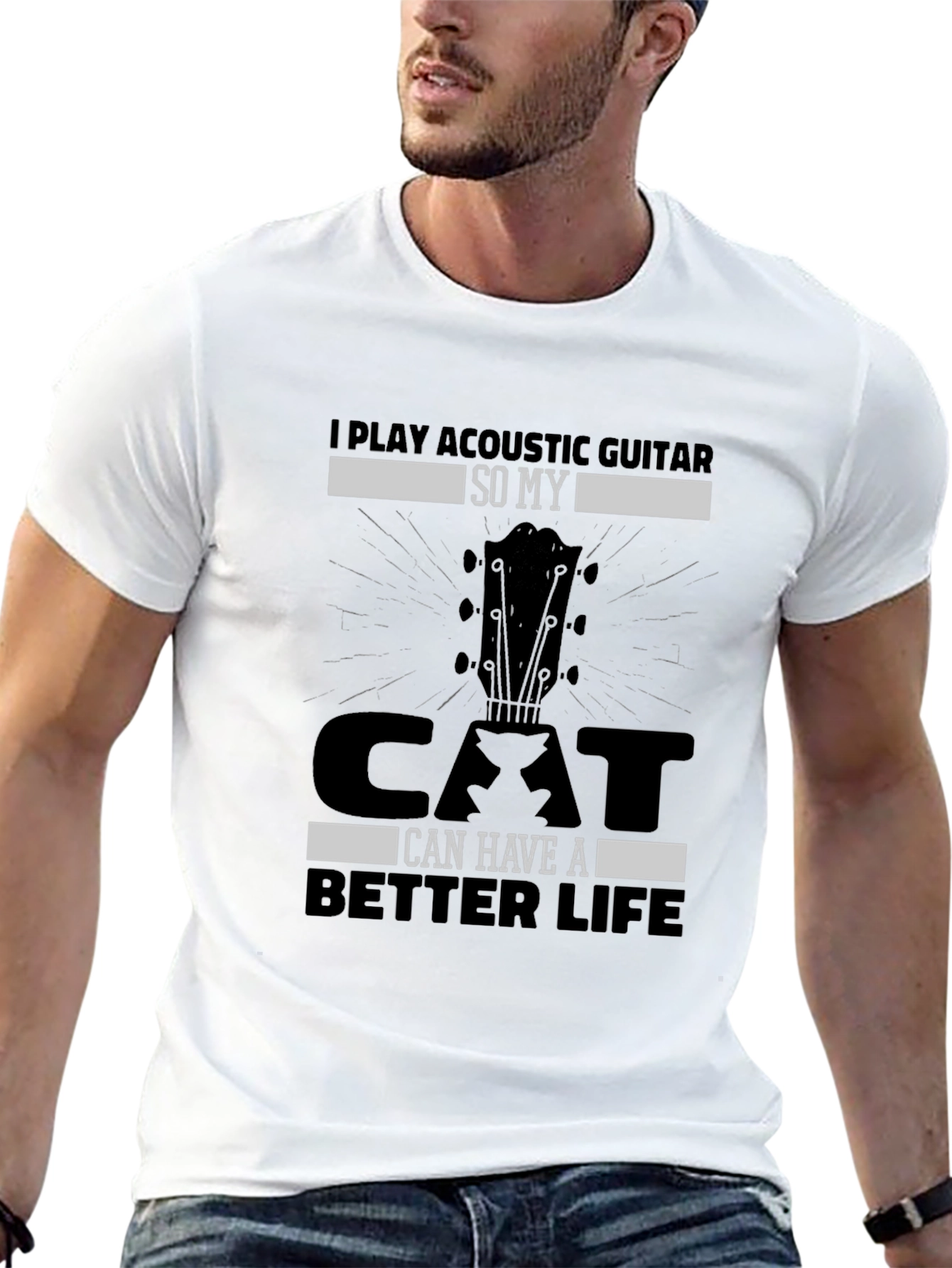 Black Acoustic Guitar Cat Lover T-Shirt view 13