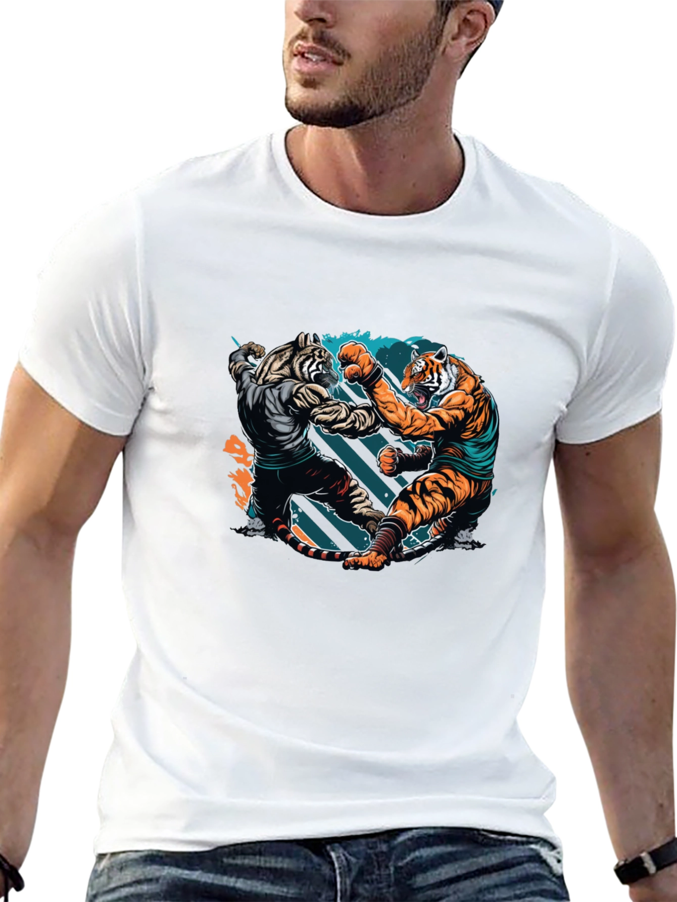 Black Tiger Fight Graphic Print Black T-Shirt view 13