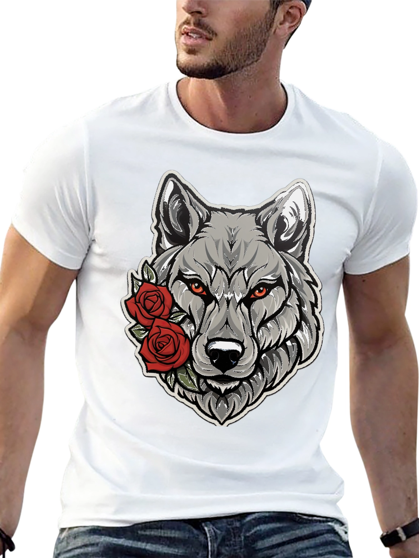 Black Wolf & Roses Graphic Tee - Men's Black T-Shirt view 13