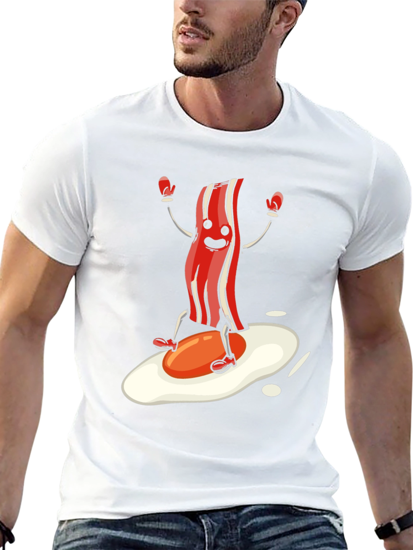 Black Bacon & Egg Cartoon Graphic Tee - Novelty Food Shirt view 13