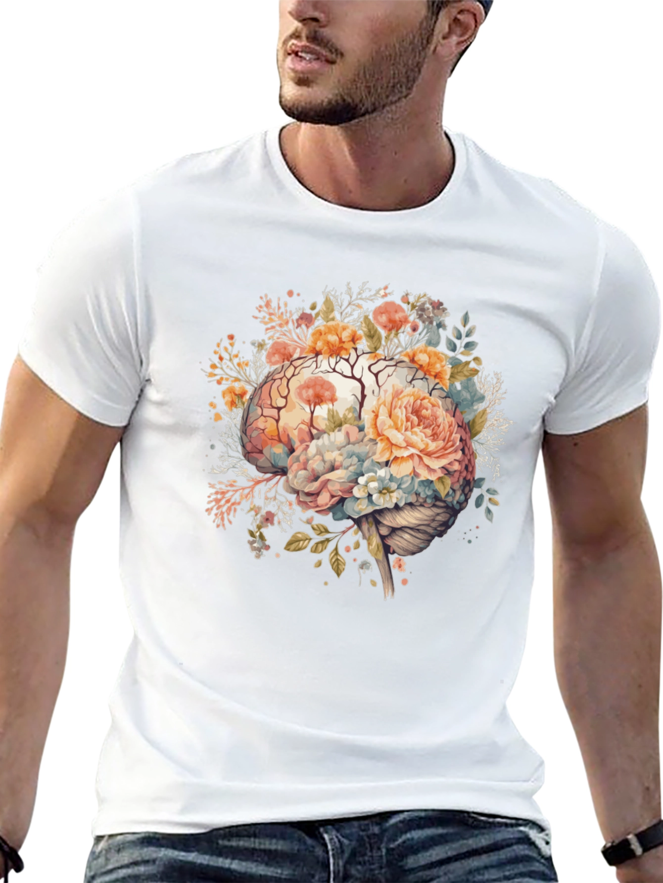 Black Floral Brain Graphic Tee - Stylish Mindful Design view 13