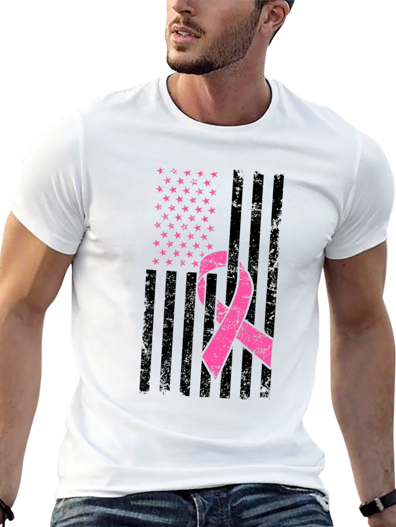 Black Breast Cancer Awareness American Flag T-Shirt view 13