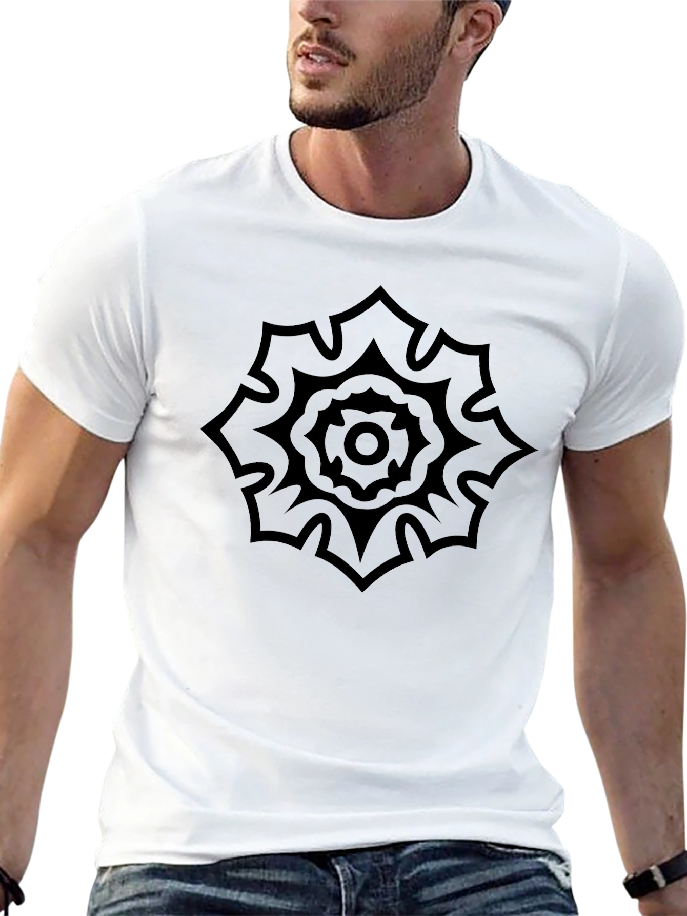 Black Men's Black Graphic Tee - Floral Mandala Design view 13