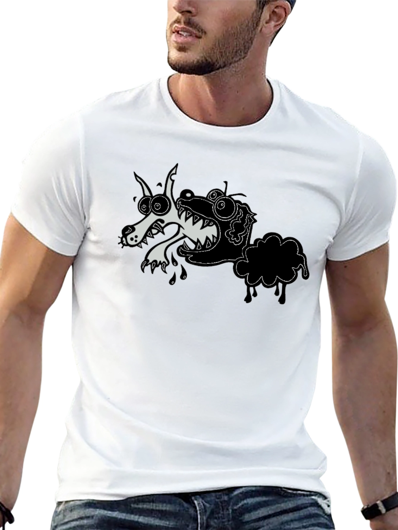 Black Cartoon Wolf & Sheep Black T-Shirt view 13