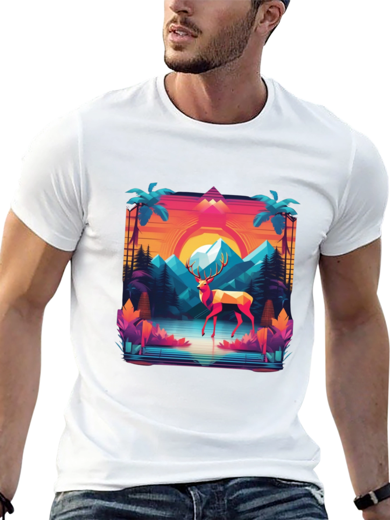 Black Retro Deer Graphic Tee - Synthwave Style view 13