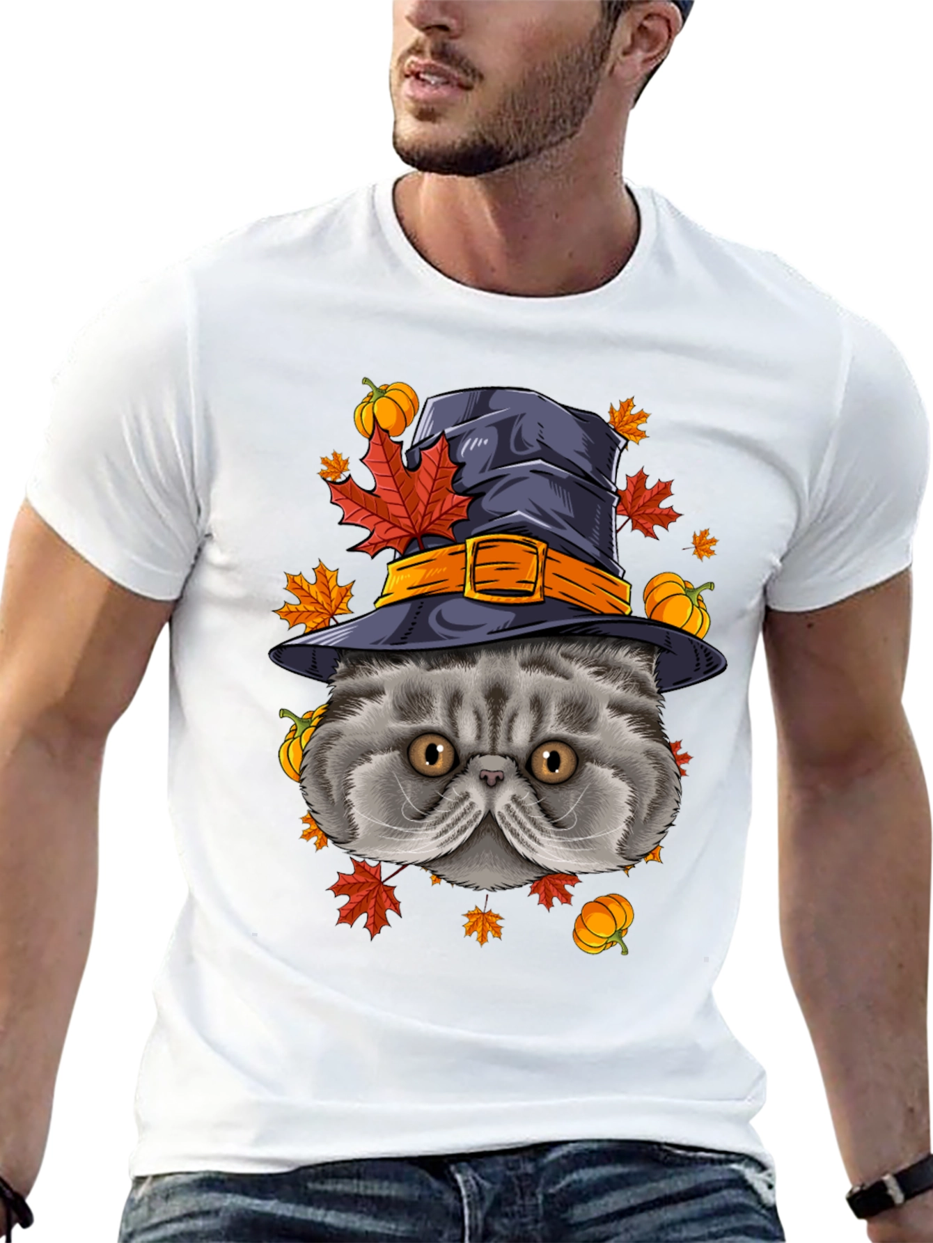 Black Halloween Cat T-Shirt with Witch Hat & Pumpkins view 13