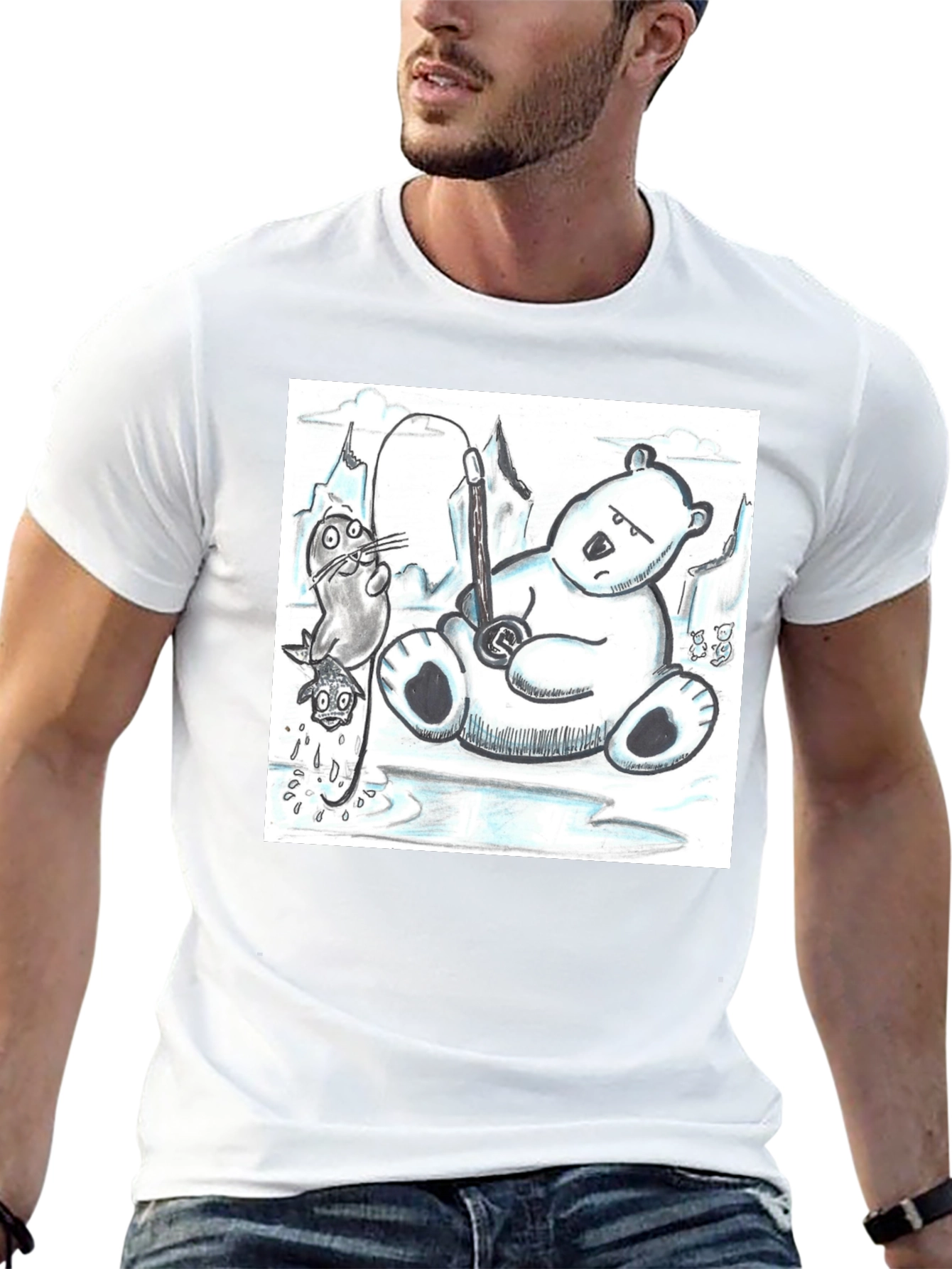 Black Cartoon Graphic Tee: Polar Bear Fishing view 13