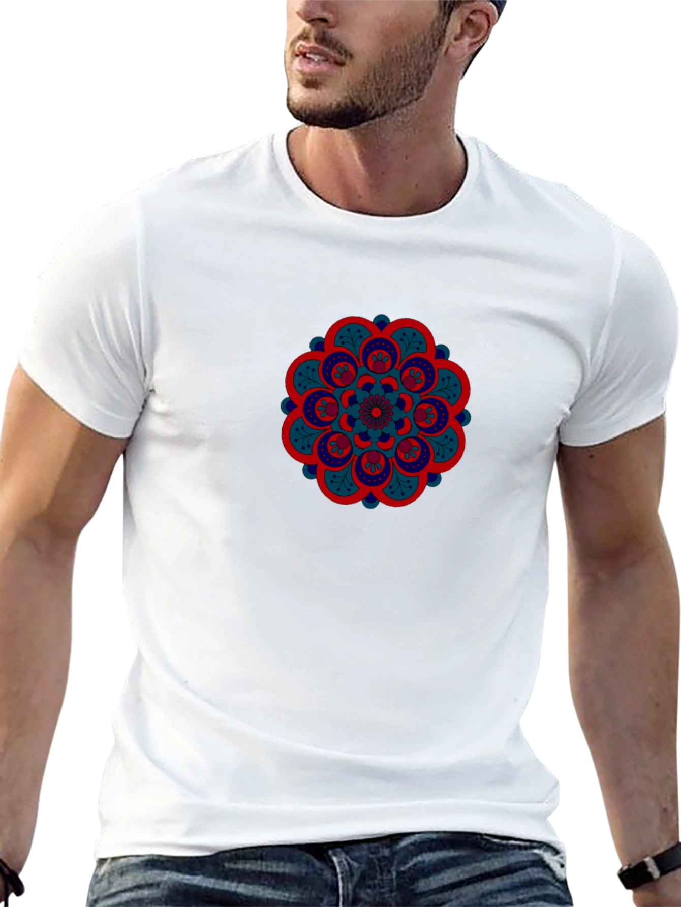Black Men's Black Tee with Mandala Design view 13