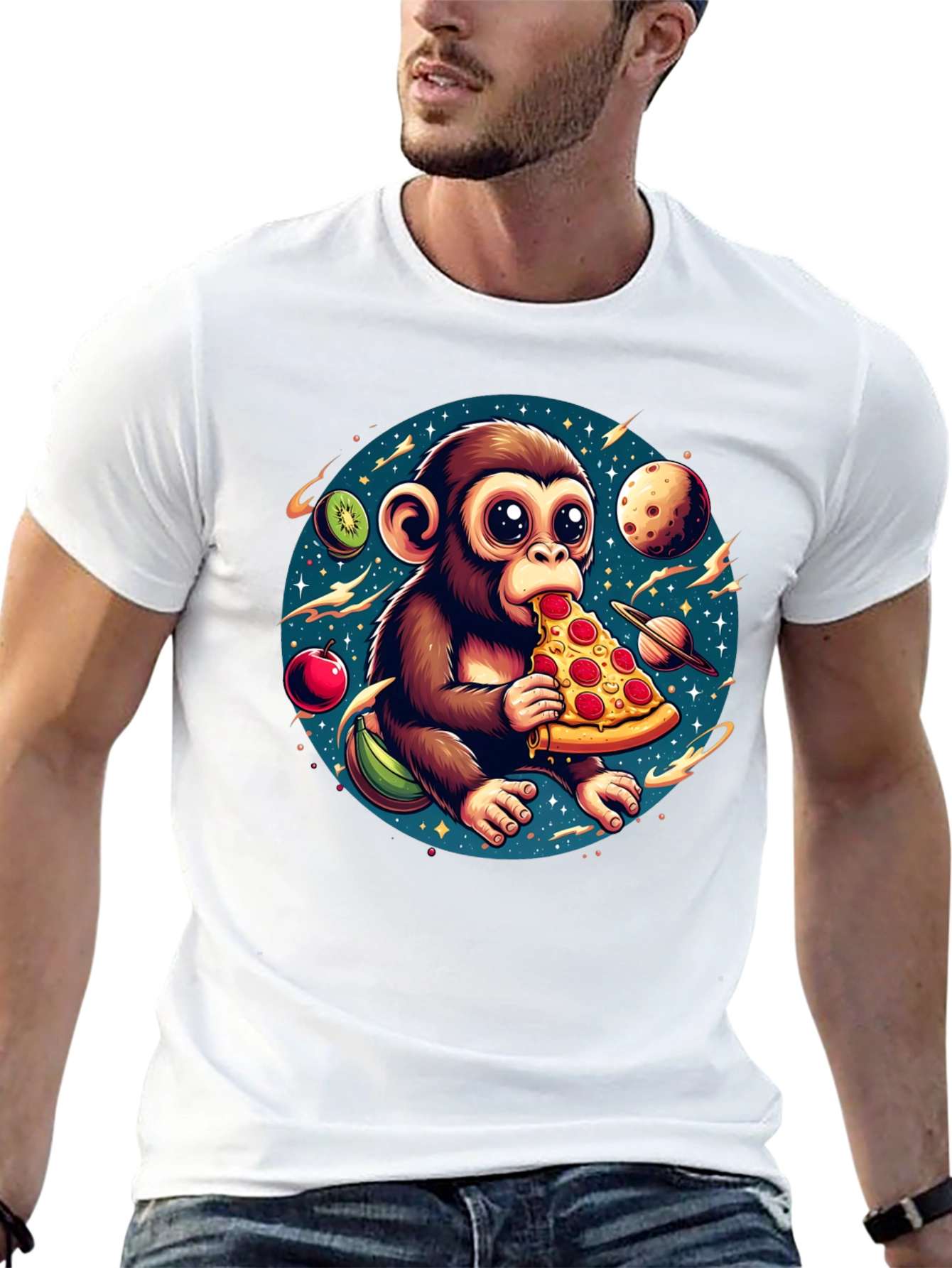 Black Monkey Eating Pizza in Space T-Shirt view 13