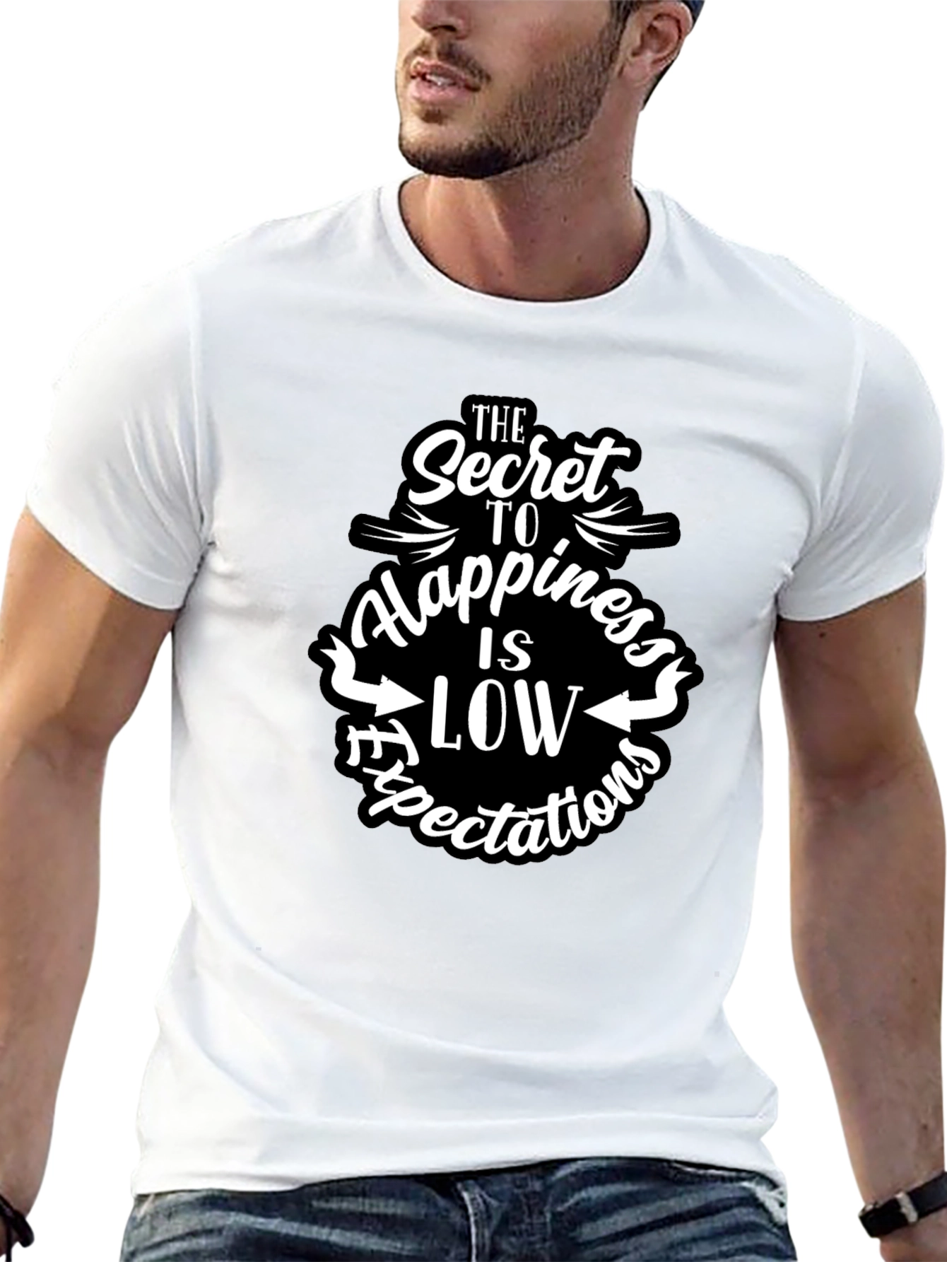 Black Secret to Happiness Low Expectations Graphic Tee view 13
