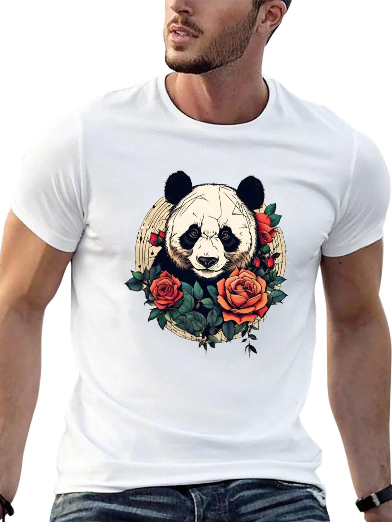 Black Panda Rose Graphic Tee - Black Crew Neck Casual T-Shirt view 13