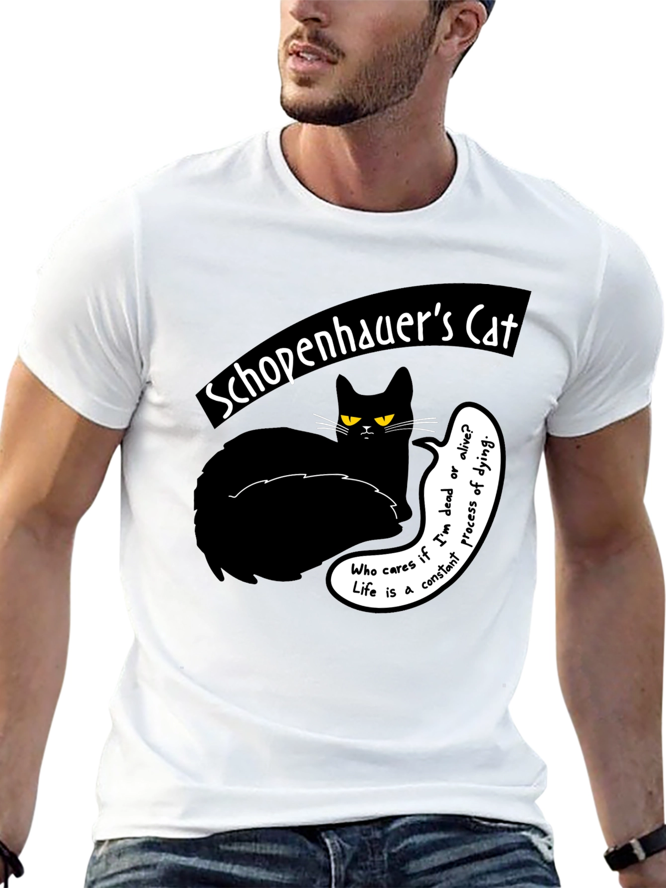 Black Schopenhauer's Cat Graphic Tee - Philosophical Humor T-Shirt view 13