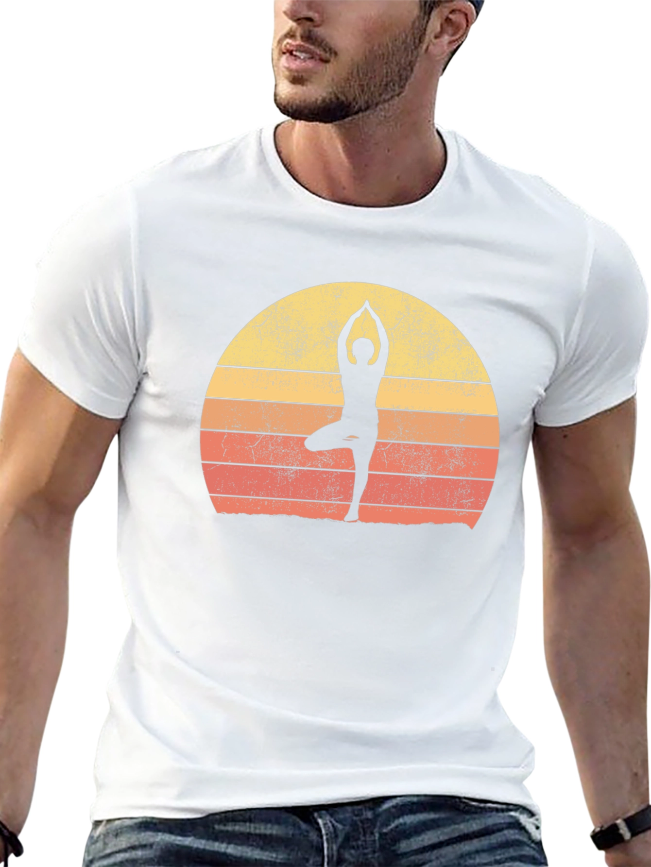 Black Yoga Silhouette Retro Sunset Graphic T-Shirt view 13