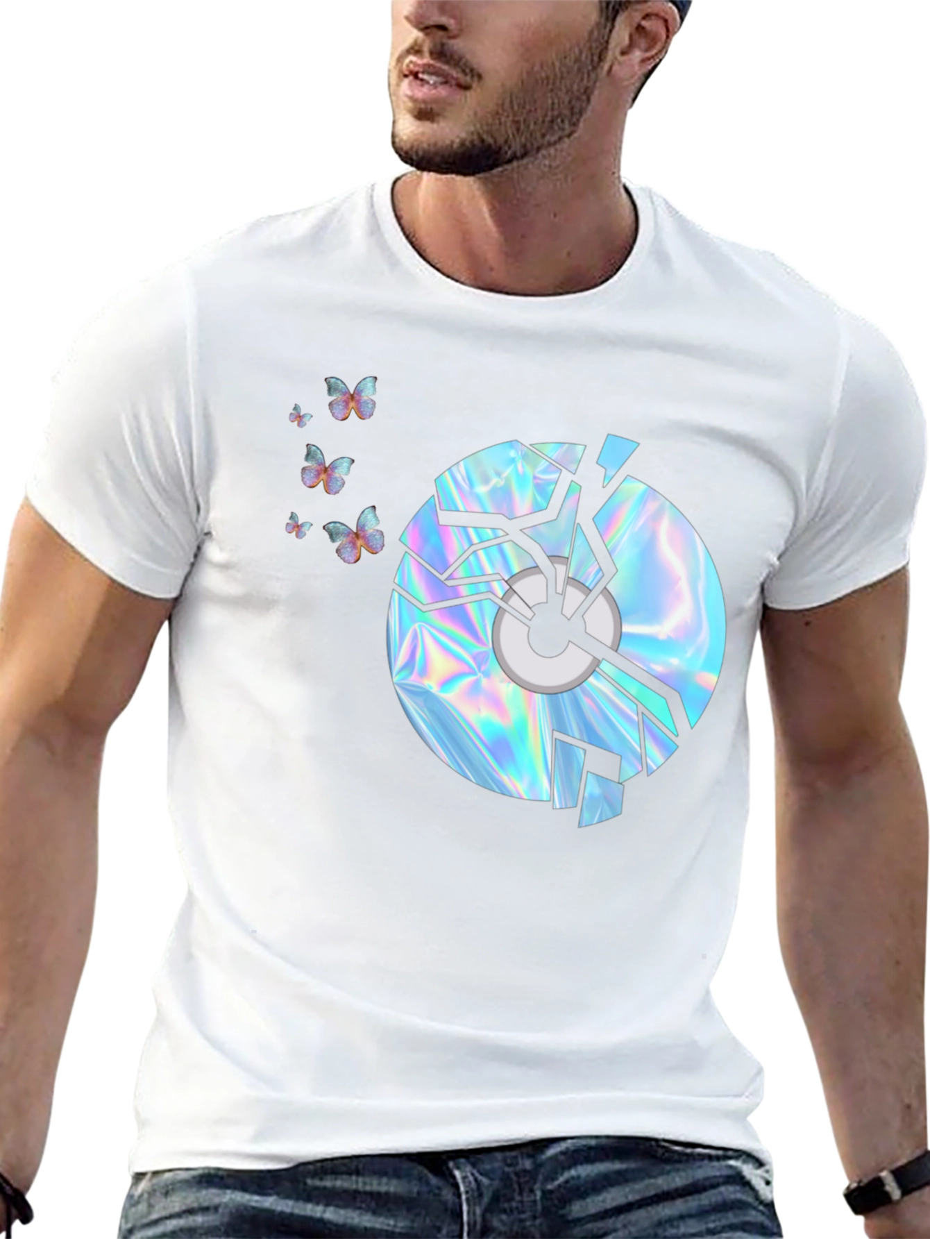 Black Broken CD Graphic Tee - Holographic Butterflies Design view 13