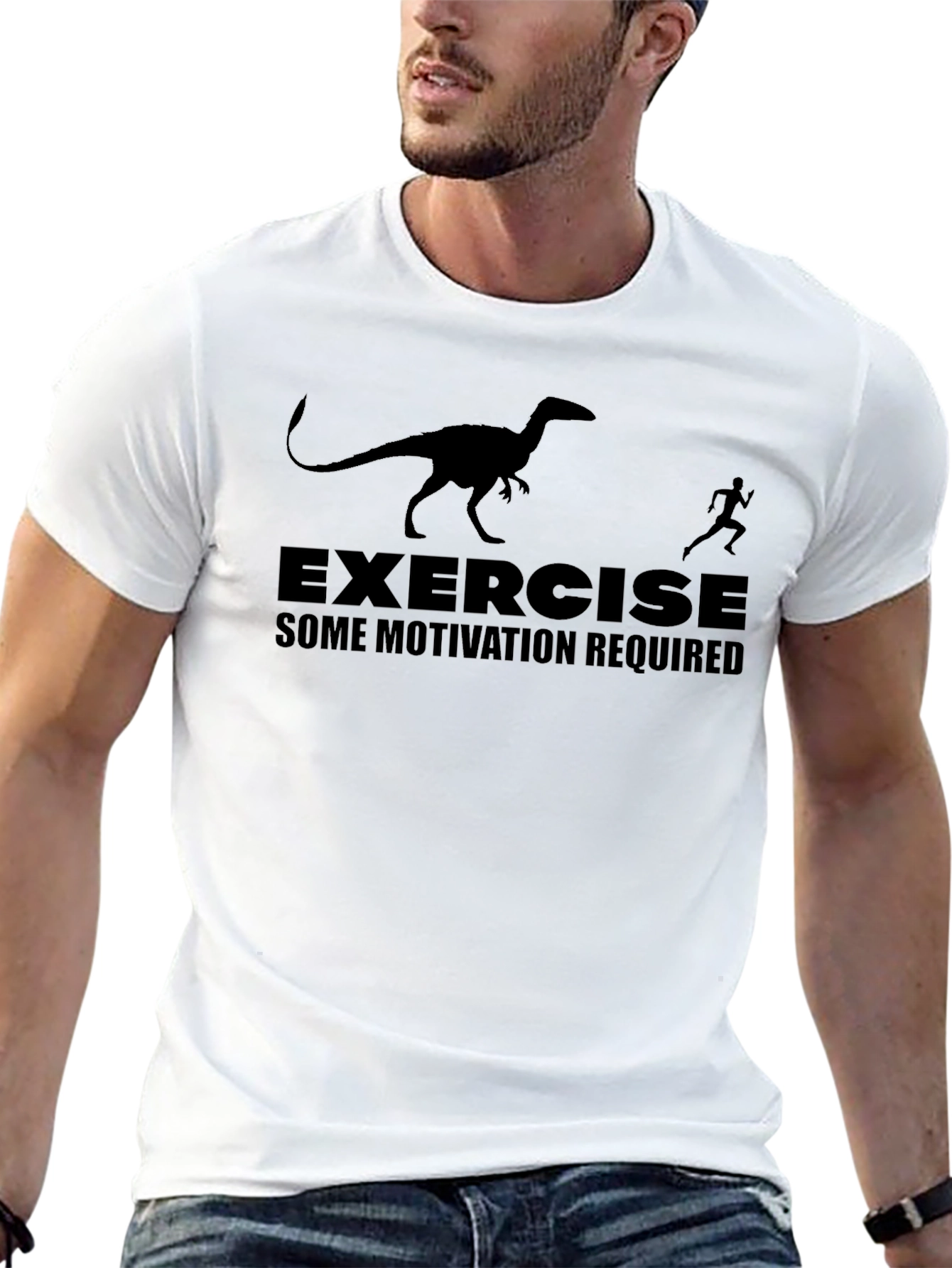 Black Exercise Motivation T-Shirt - Dinosaur Chasing Runner view 13